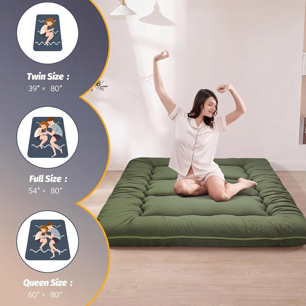 MAXYOYO 6' Extra Thick Japanese Floor Mattress Futon Mattress, Foldable Tatami Pad for Adults, Roll Up Floor Mat for Living Room Guest Room RV, Green, Twin