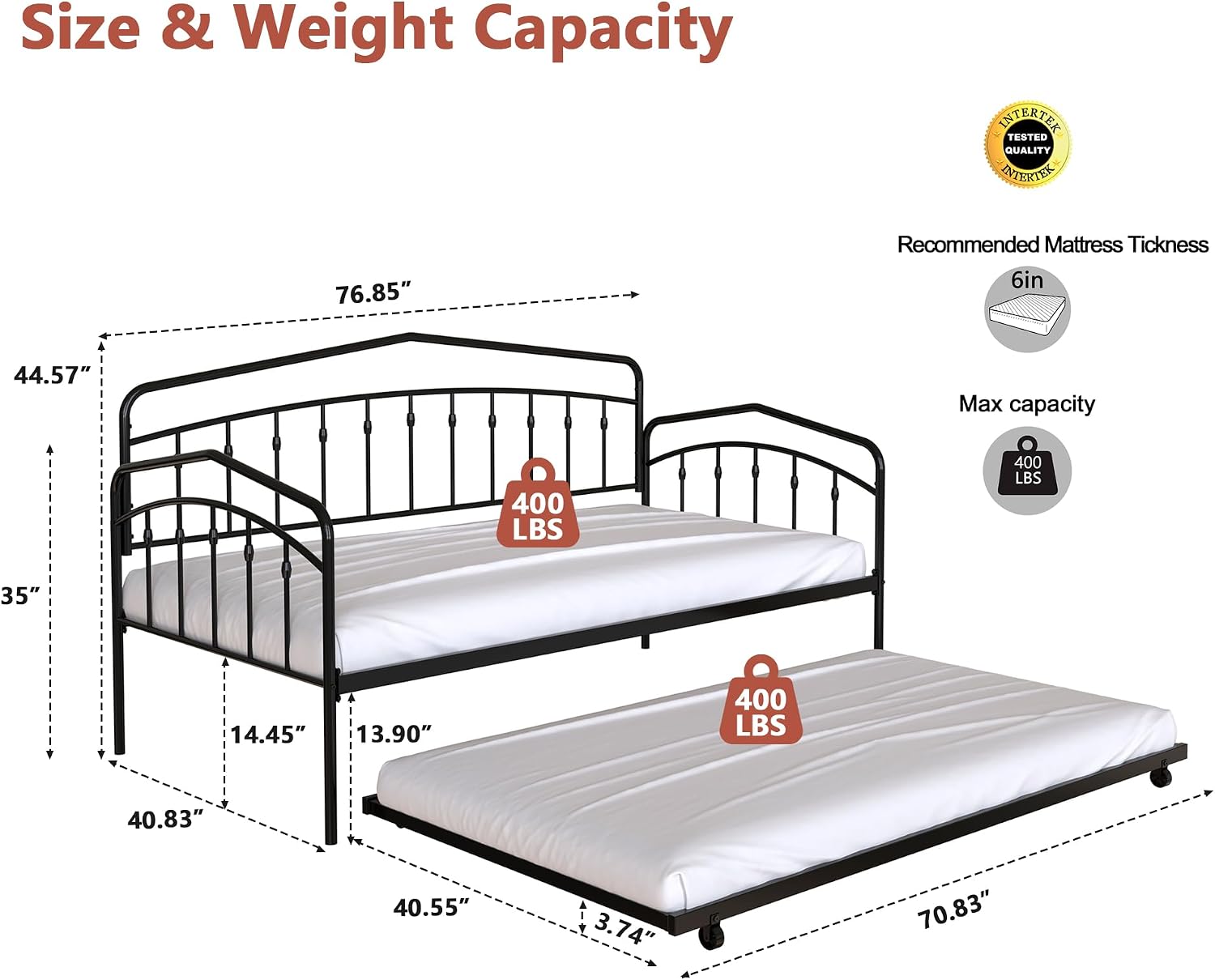mikibama Twin Daybed with Trundle,Victorian Metal Daybeds with Pull Out Trundle,Vintage Guest Day Bed Frame Twin Size for Living Room,Bedroom,Apartment (Victorian Black with Trundle)