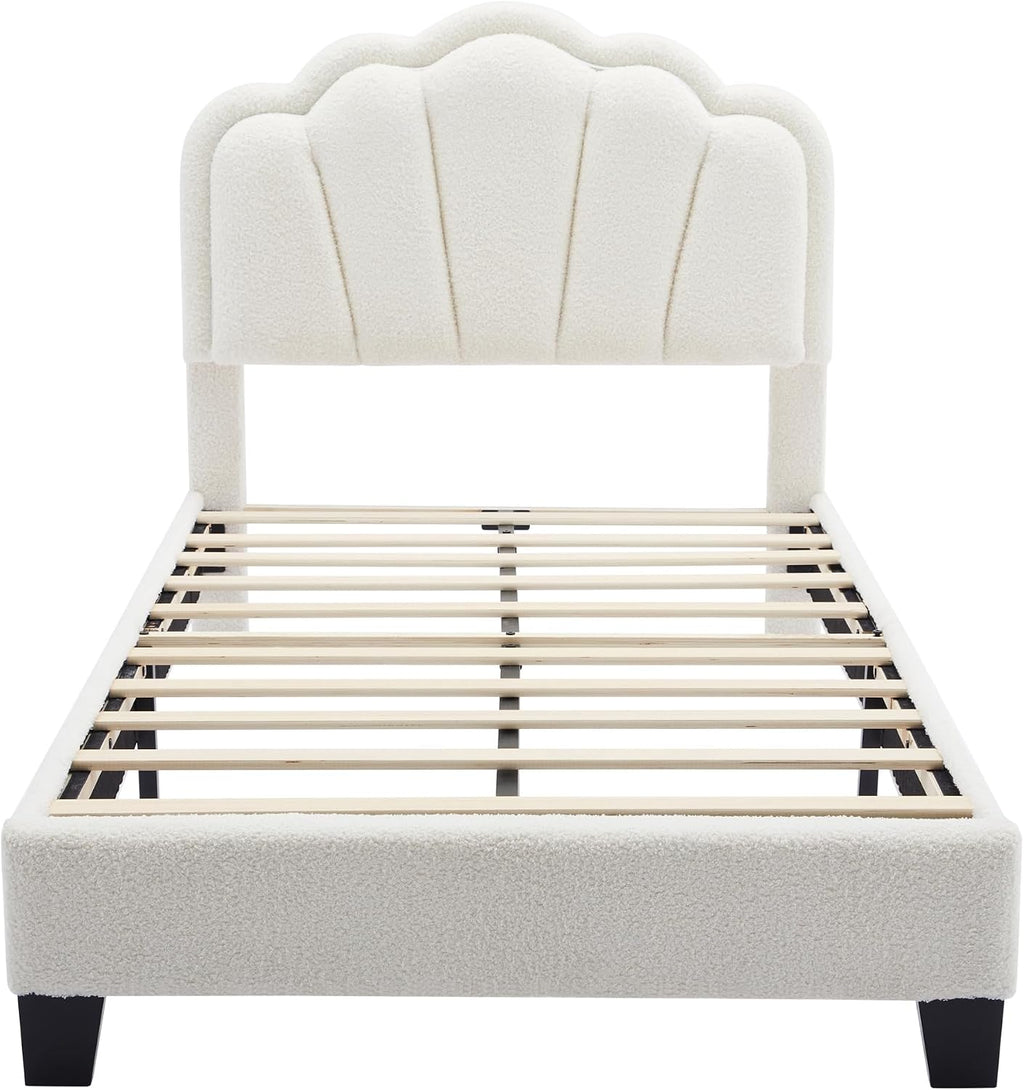 2 Pcs Bedroom Sets Twin Size Flower Shaped Upholstered LED Platform Bed with Storage Ottoman Sherpa Fabric, White