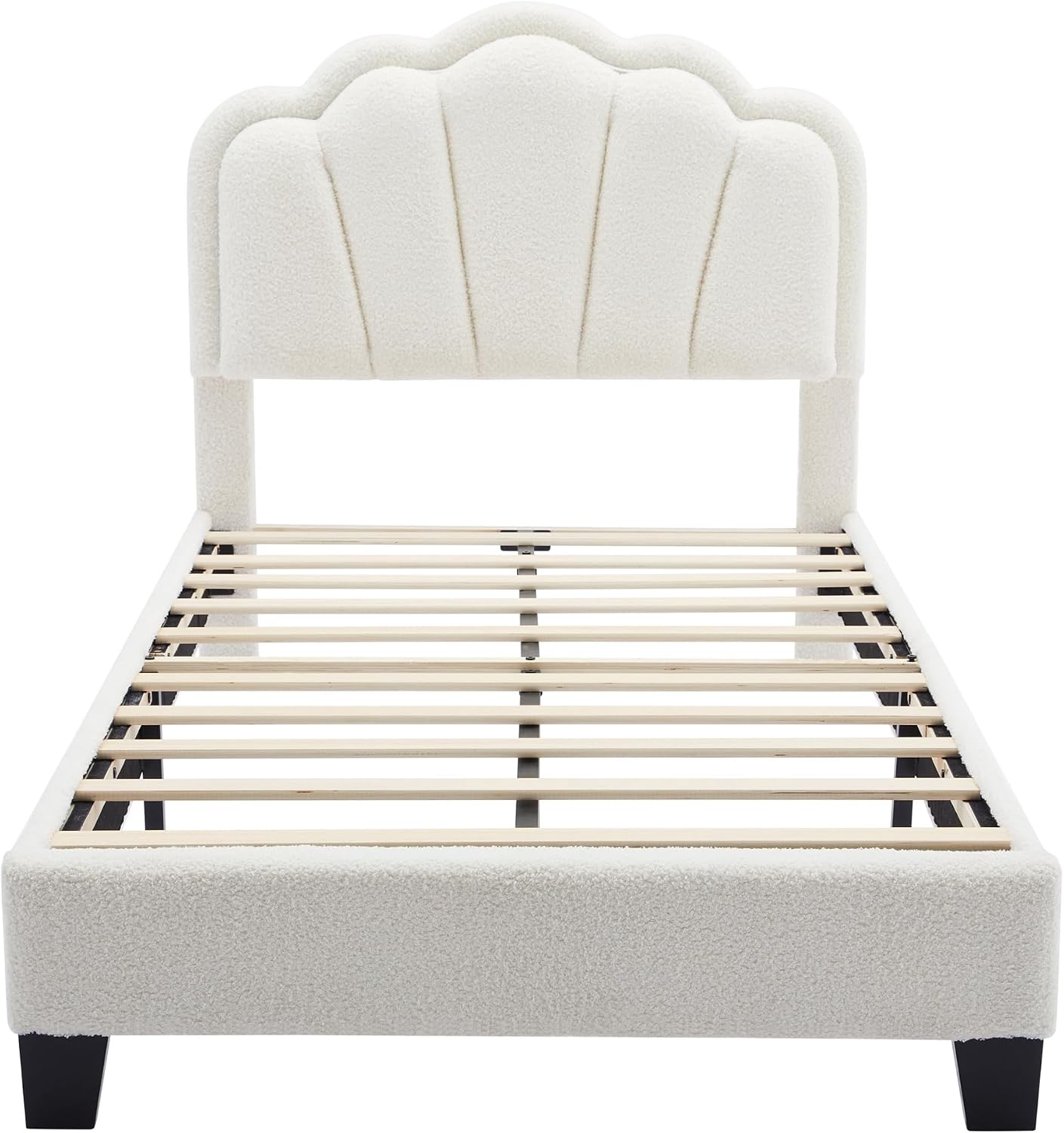2 Pcs Bedroom Sets Twin Size Flower Shaped Upholstered LED Platform Bed with Storage Ottoman Sherpa Fabric, White