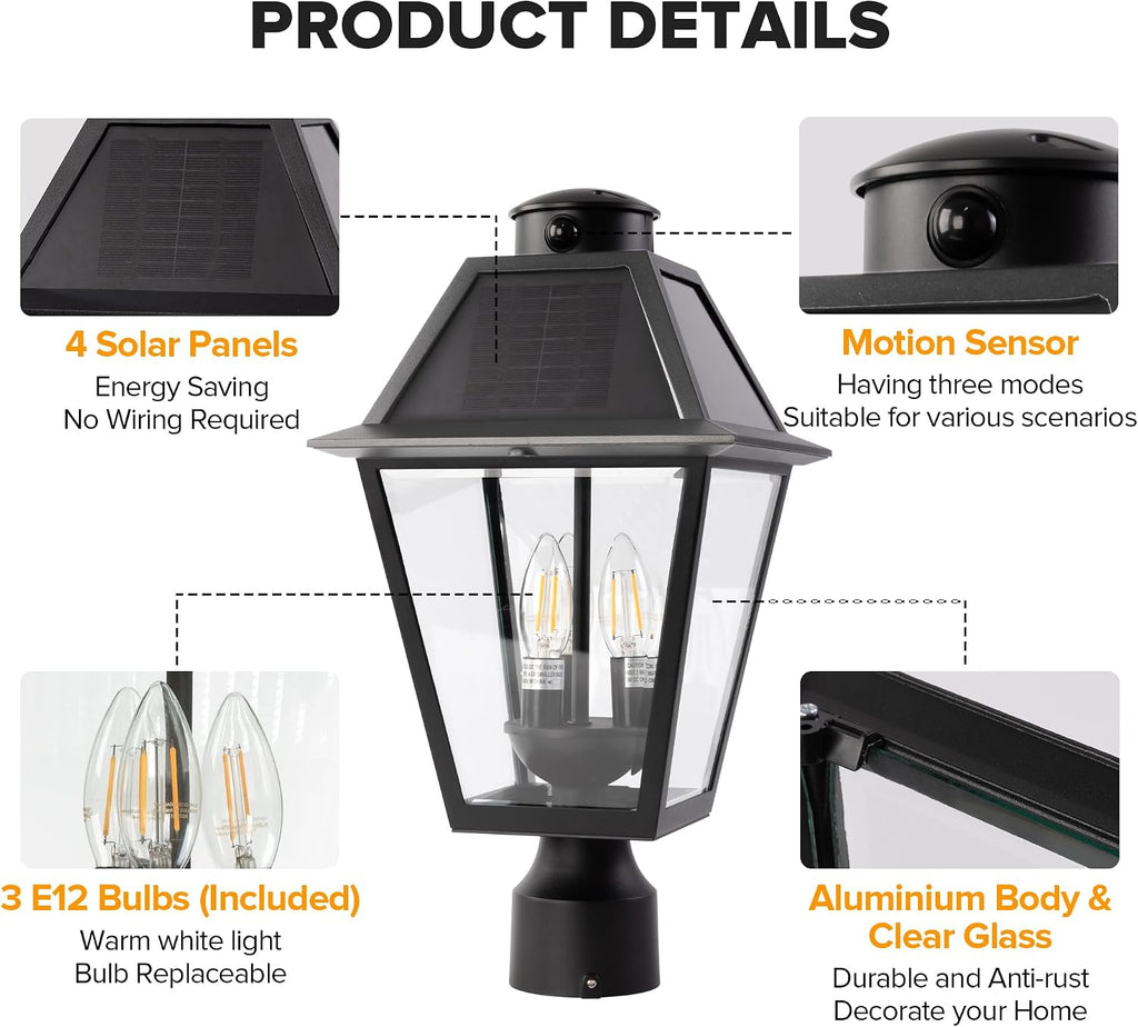 LUTEC Outdoor Solar Lamp Post Light with Motion Sensor, 400 Lumen Dusk to Dawn Waterproof Pole Light Head with Three Modes, Exterior Black Solar Powered Fence Post Light Fixtures for Outside