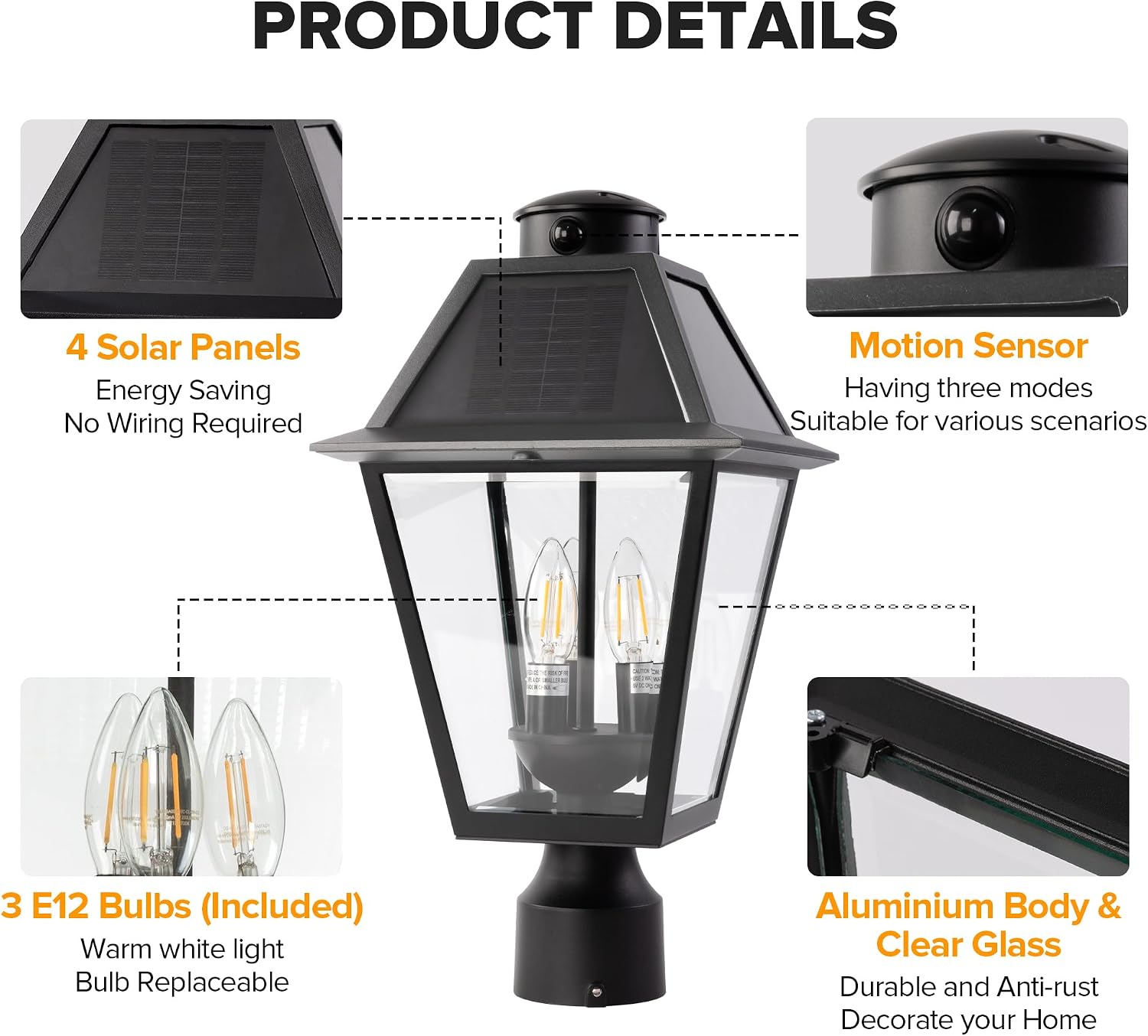 LUTEC Outdoor Solar Lamp Post Light with Motion Sensor, 400 Lumen Dusk to Dawn Waterproof Pole Light Head with Three Modes, Exterior Black Solar Powered Fence Post Light Fixtures for Outside