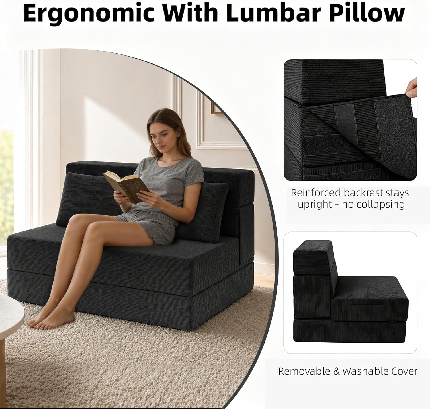 Folding Sofa Bed,Convertible Sleeper Chair with Pillow, Loveseat Fold Out Chair Bed, Memory Foam Floor Couch Mattress, Foldable Futon Couch Lounge for Living Room(Black-Corduroy, Twin XL)