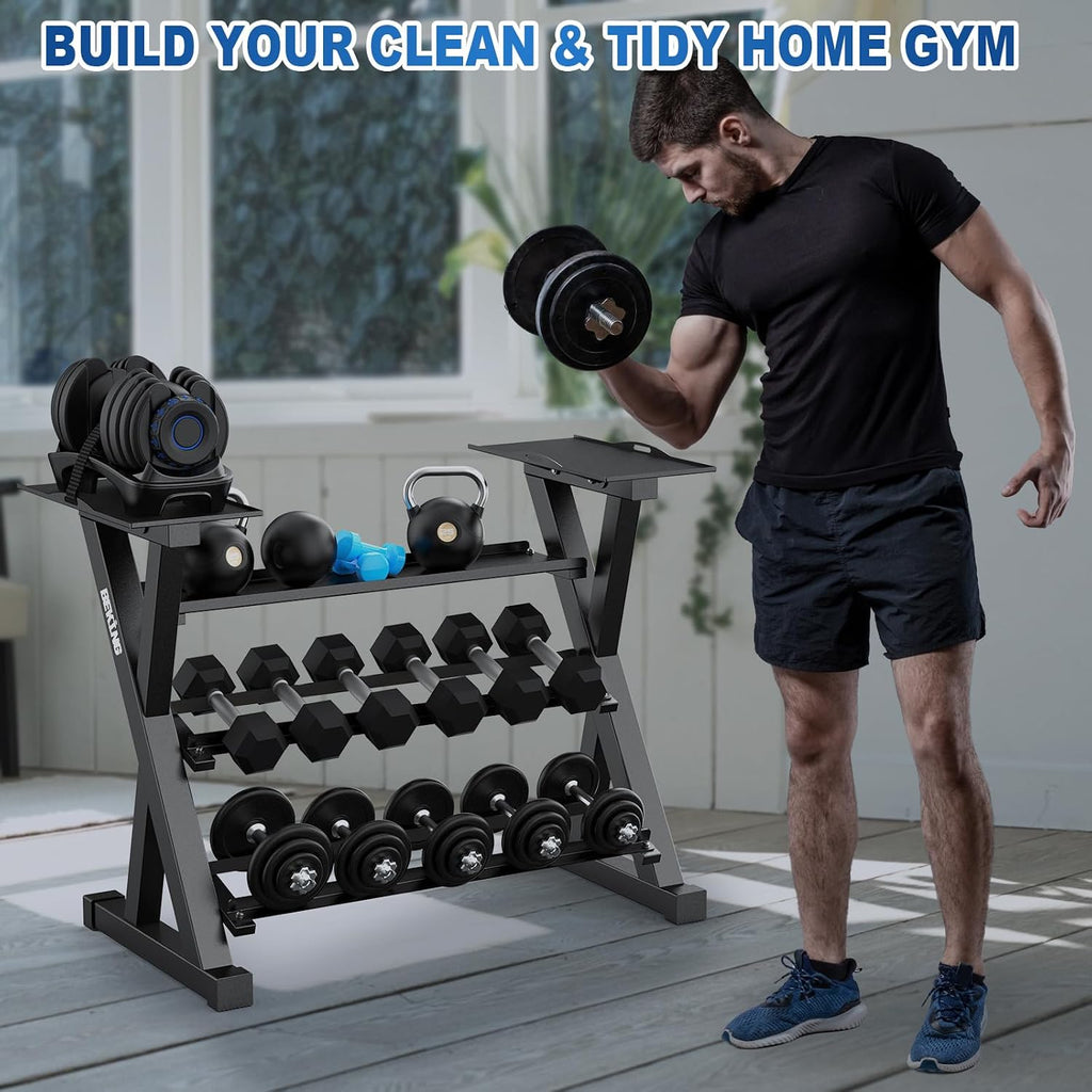 BEKING 3 Tier Dumbbell Rack,1000LB Capacity Weight Storage Rack for Home Gym Fitness,Multifunctional Free Weight Organizer Stand for Dumbbells, Kettlebells,Compact Design Save Floor Space
