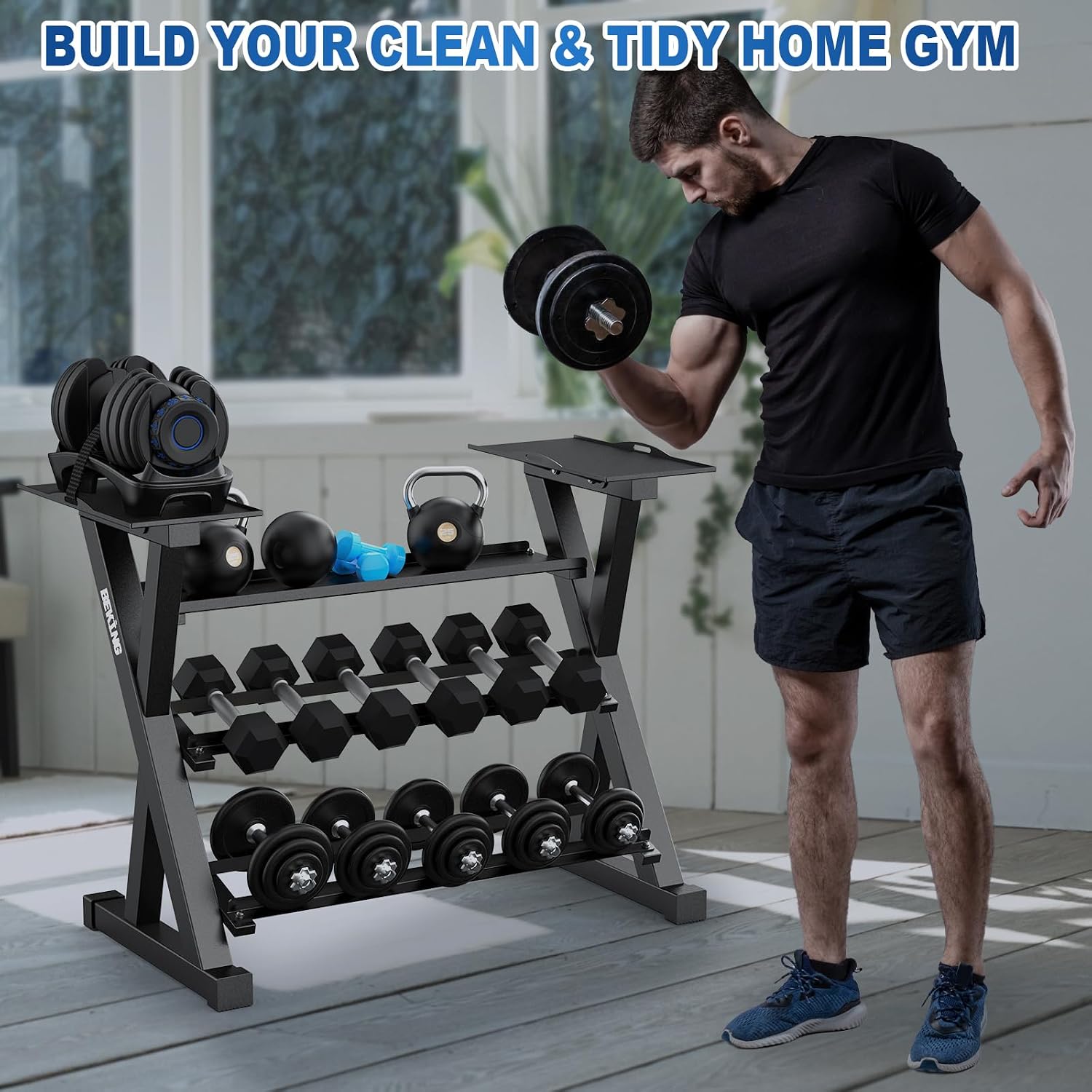 BEKING 3 Tier Dumbbell Rack,1000LB Capacity Weight Storage Rack for Home Gym Fitness,Multifunctional Free Weight Organizer Stand for Dumbbells, Kettlebells,Compact Design Save Floor Space