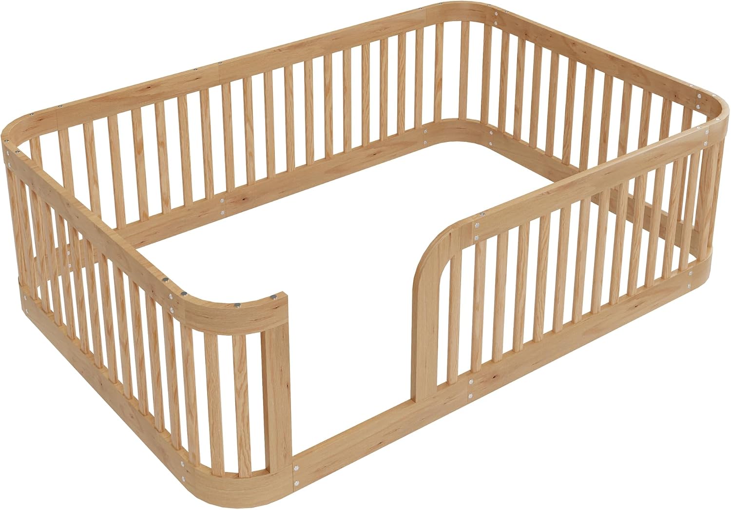 Full Size Wood Floor Bed with Fence, Playful Design Montessori Floor Bed with Guardrail, Without Slats, Easy Assembly (Natural//Full,124)