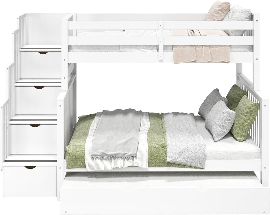 Bedz King Stairway Bunk Beds Twin Over Full, 4 Step Drawers, Twin Trundle, White