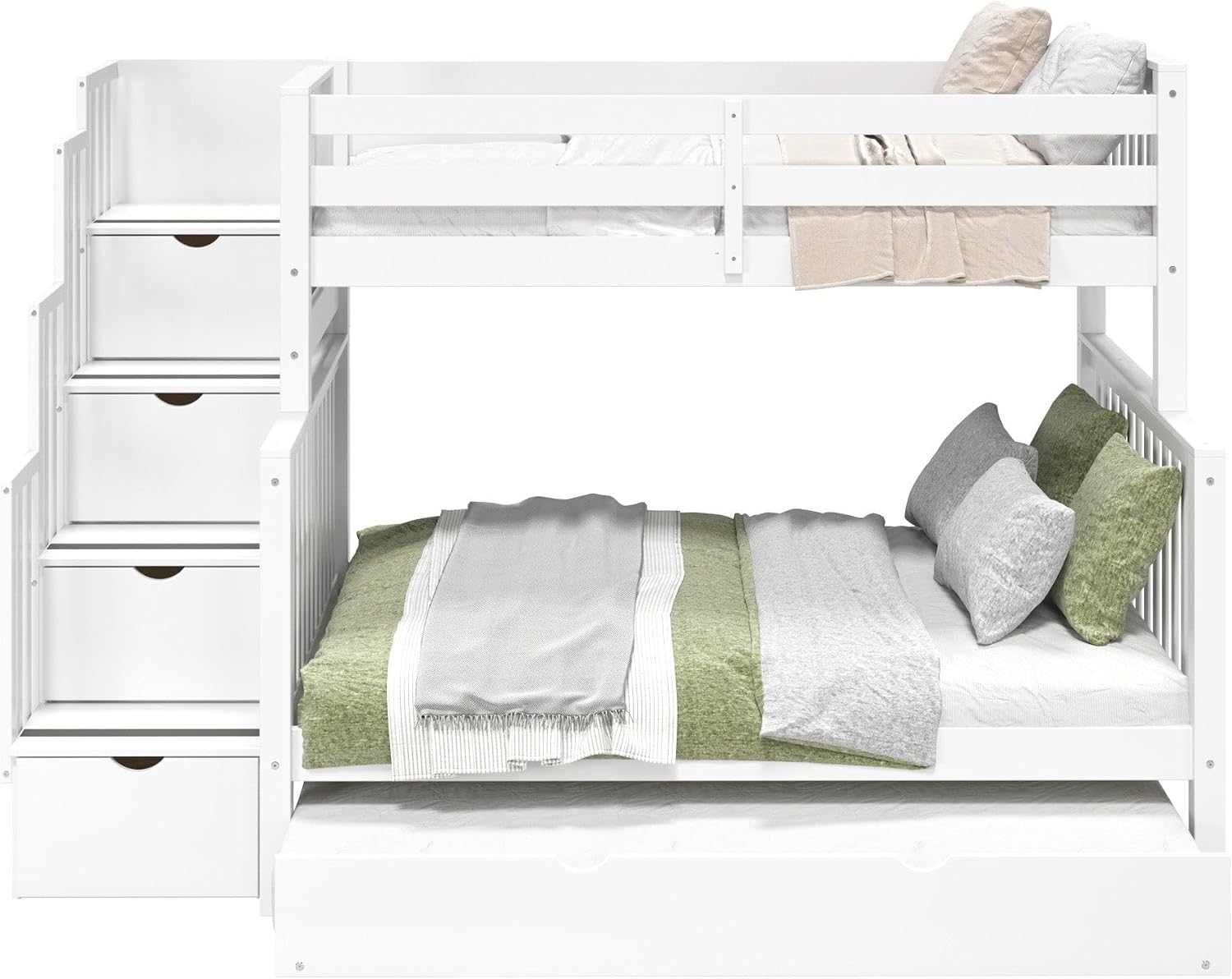 Bedz King Stairway Bunk Beds Twin Over Full, 4 Step Drawers, Twin Trundle, White