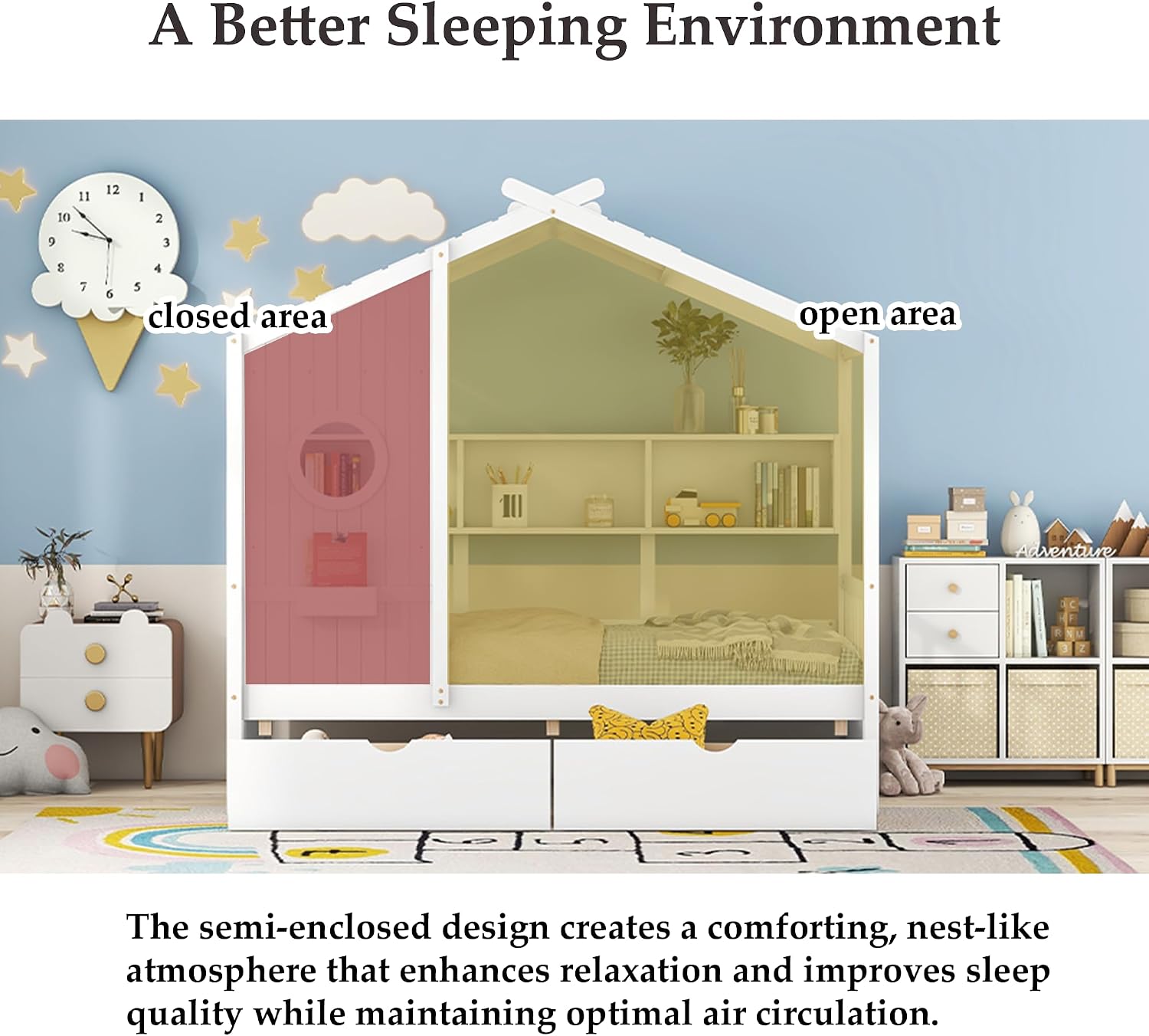 Twin Size Montessori Floor Bed with Roof & Window,Kids House Bed with 2 Drawers & Storage Shelf,Cute Playhouse Bed Frame for Kids,Wooden House Bed Frame No Box Spring Needed,Can be Decorated,White