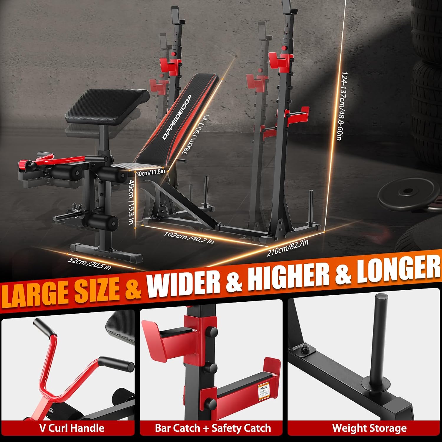 OPPSDECOR 3.0 Pro Weight Bench Set for Home Gym, ASTM-Certified 900 LBS Bench Press Set with Leg Extension, Preacher Curl Pad, Barbell Rack, J-Hooks and Safety Bar Catches for Full Body Workout