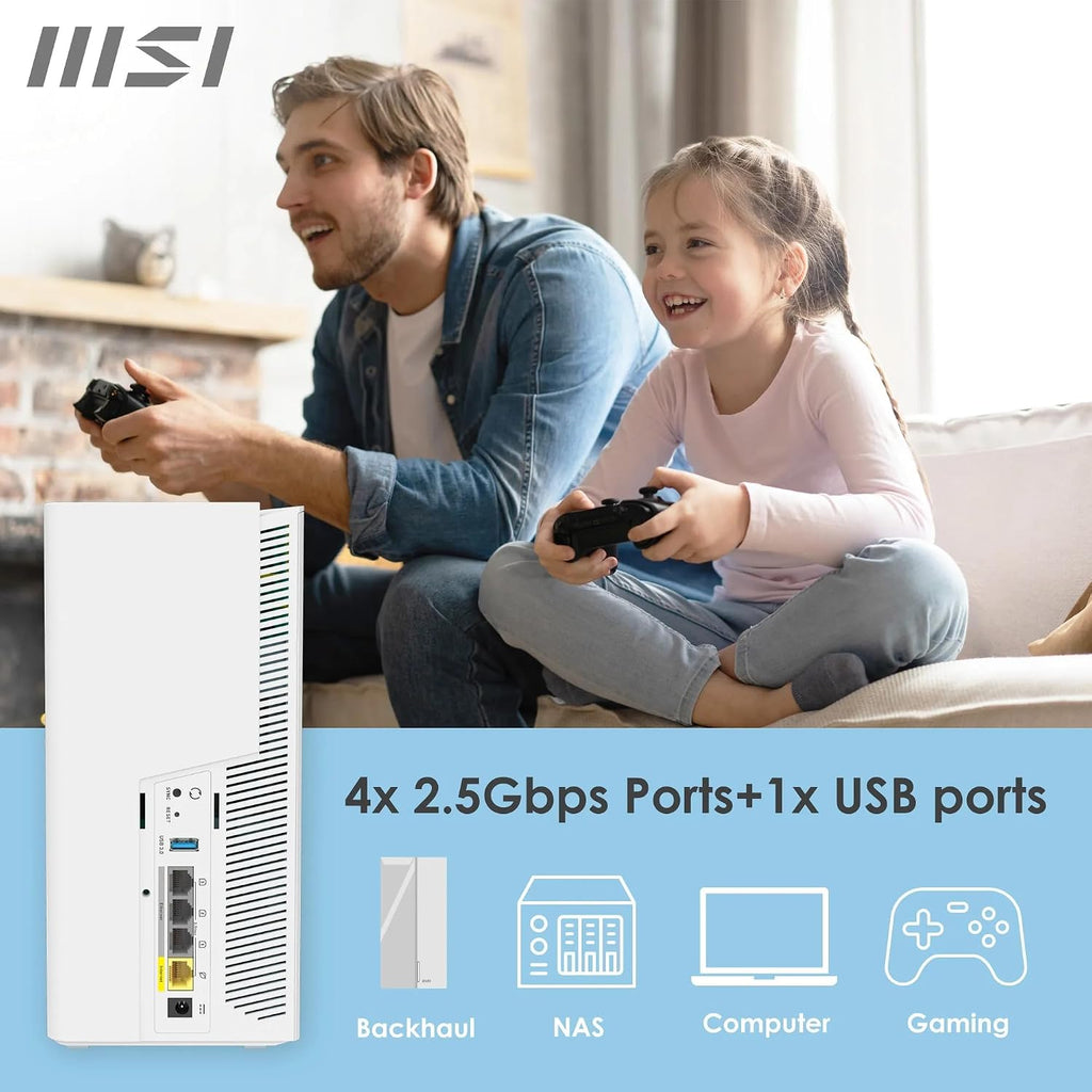 MSI Roamii BE Pro Mesh System - 2 Pack WiFi 7 BE11000Mbps Whole Home WiFi System, 2.5G Ports, Security and Parental Controls, VPN Supported