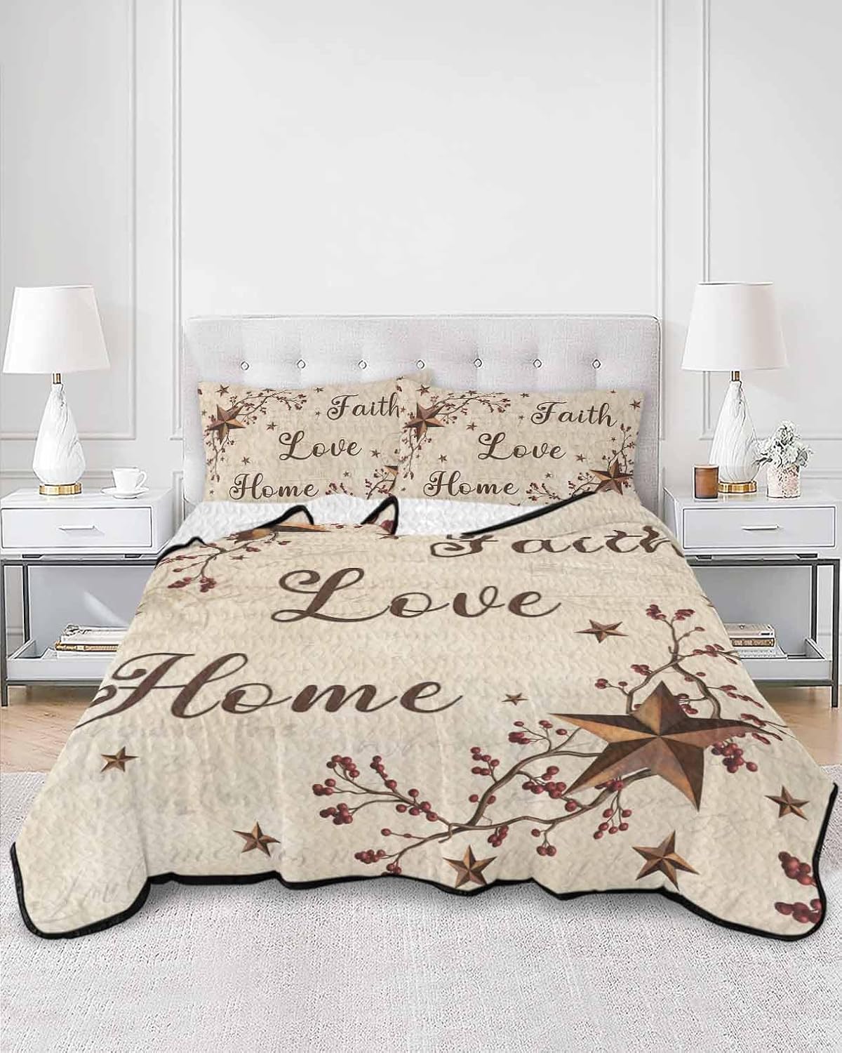 Quilt King Size Bedding Set, Brown Farmhouse Lightweight Summer Quilt 3 Pieces Bedding Sets, Retro Country Stars Rustic Branches Berry Bedspreads Coverlets with 2 Pillow Shams for All Season