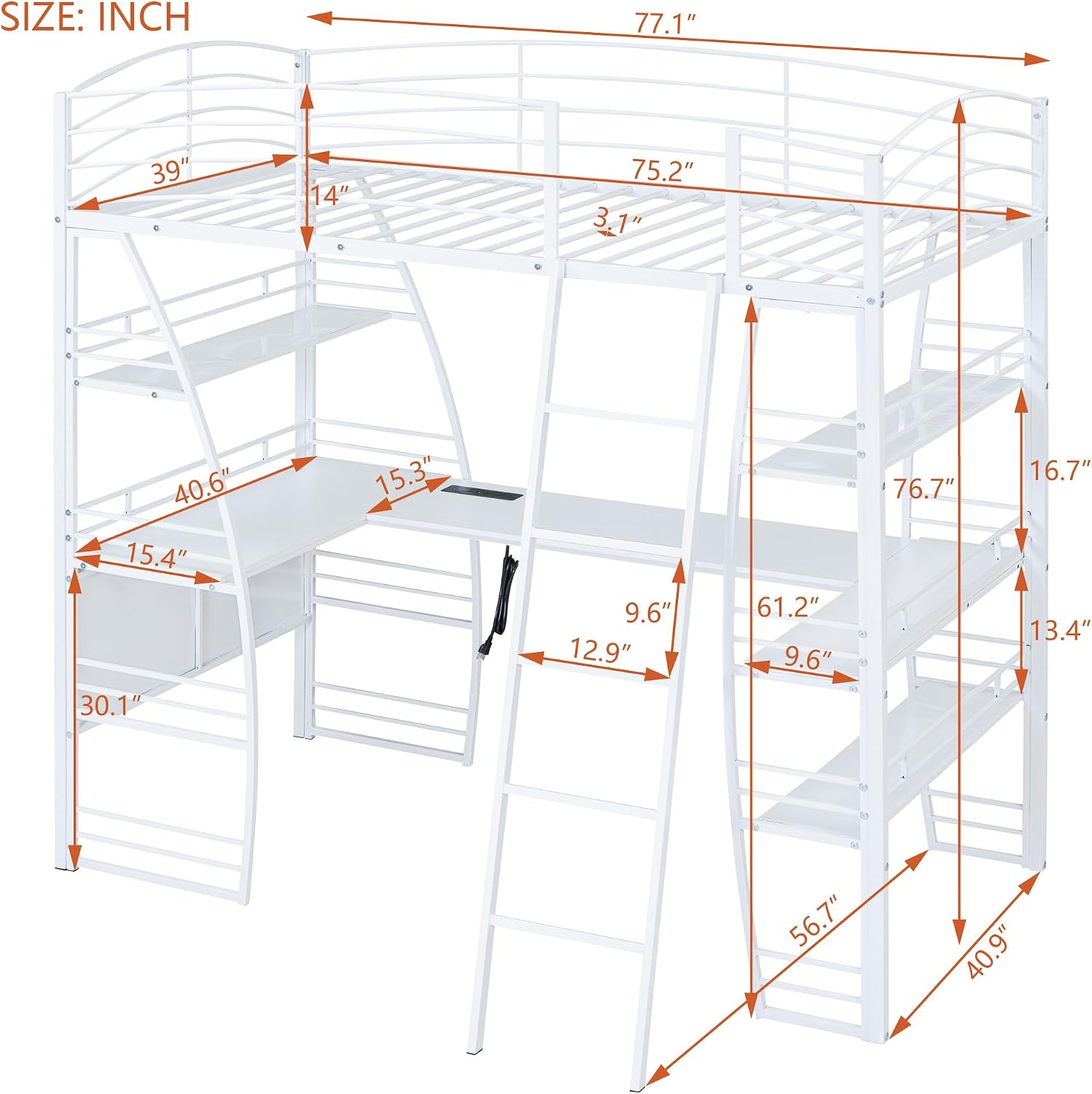 Metal Twin Size Loft Bed with 4 Layers of Shelves and L-Shaped Desk,a Set of Sockets, USB Ports and Wireless Charging,for Kids Teens Adults Bedroom (Twin, White@Charging)