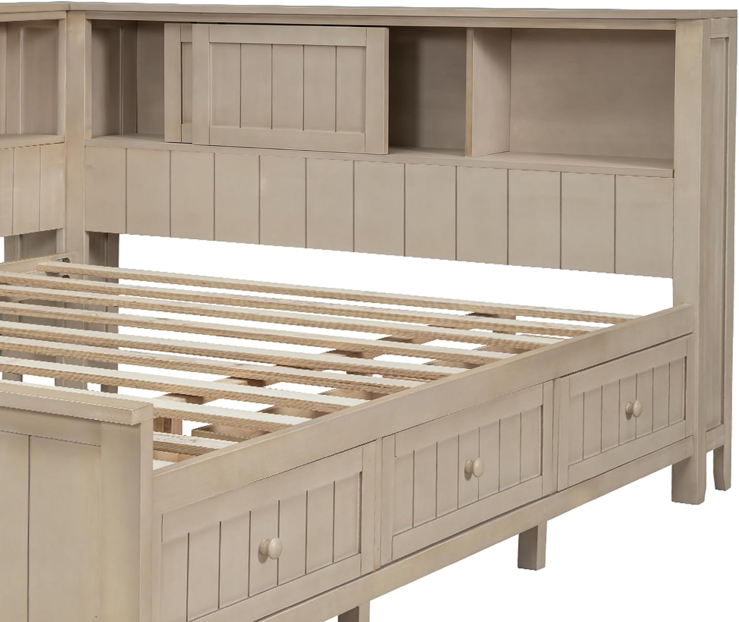 Full Size Lounge Daybed with Storage Shelves and 3 Drawers, Wooden Sofa Bed Frame with Slat Support for Apartment, Bedroom, Guest Room, No Box Spring Required