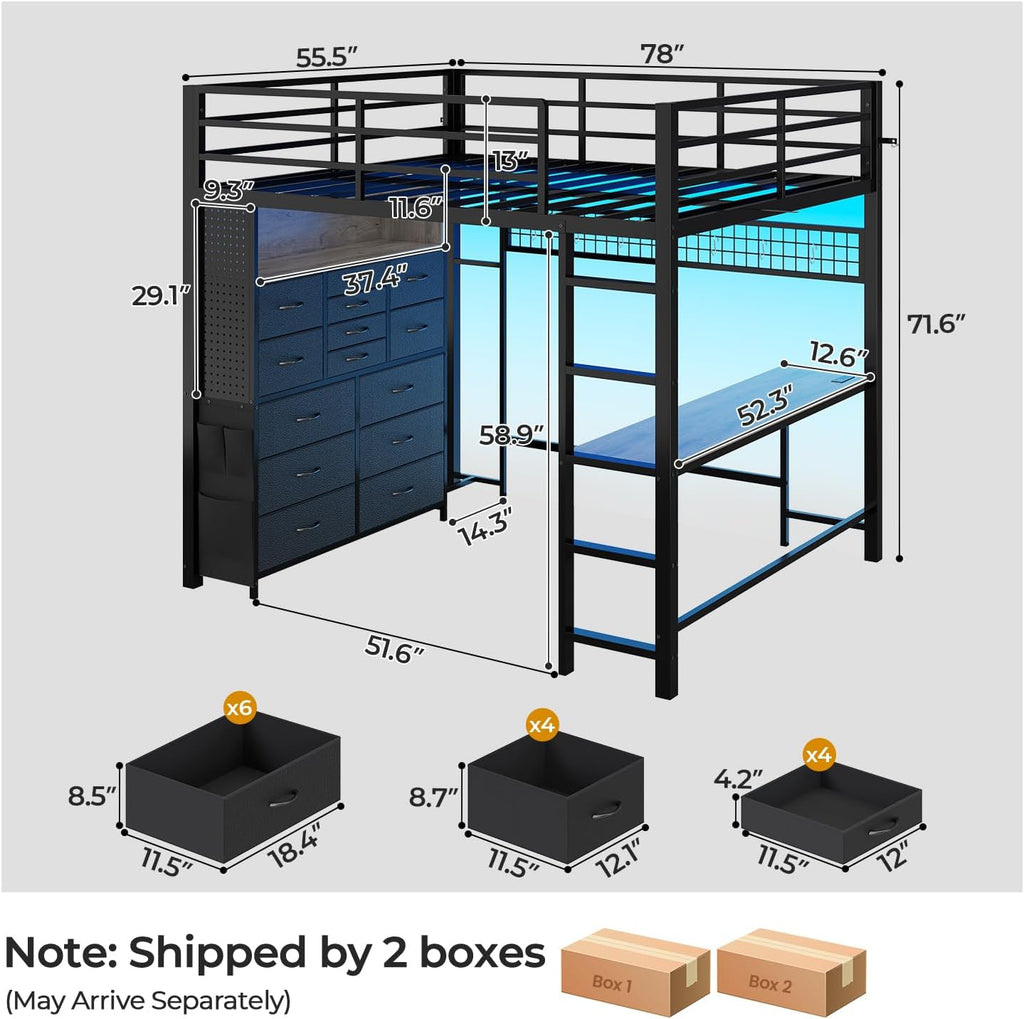 ADORNEVE Full Size Loft Bed with Desk,14 Storage Drawers & Power Outlet, Full Loft Beds with LED Lights, Pegboard, Metal Loft Bed with Safety Guardrail & Ladder, Space Saving for Teens, Black
