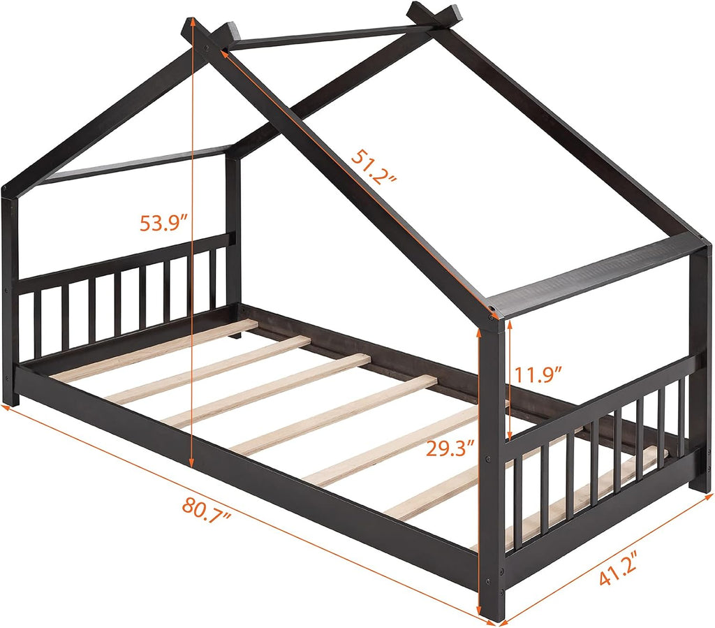 JIVOIT Twin Size Wood House Bed, Solid Wood Tent Bed Canopy Bed Frame with Roof Design, Twin Floor Bed with Wood Slats Support, No Box Spring Needed (Espresso-Twin-Pinewood)