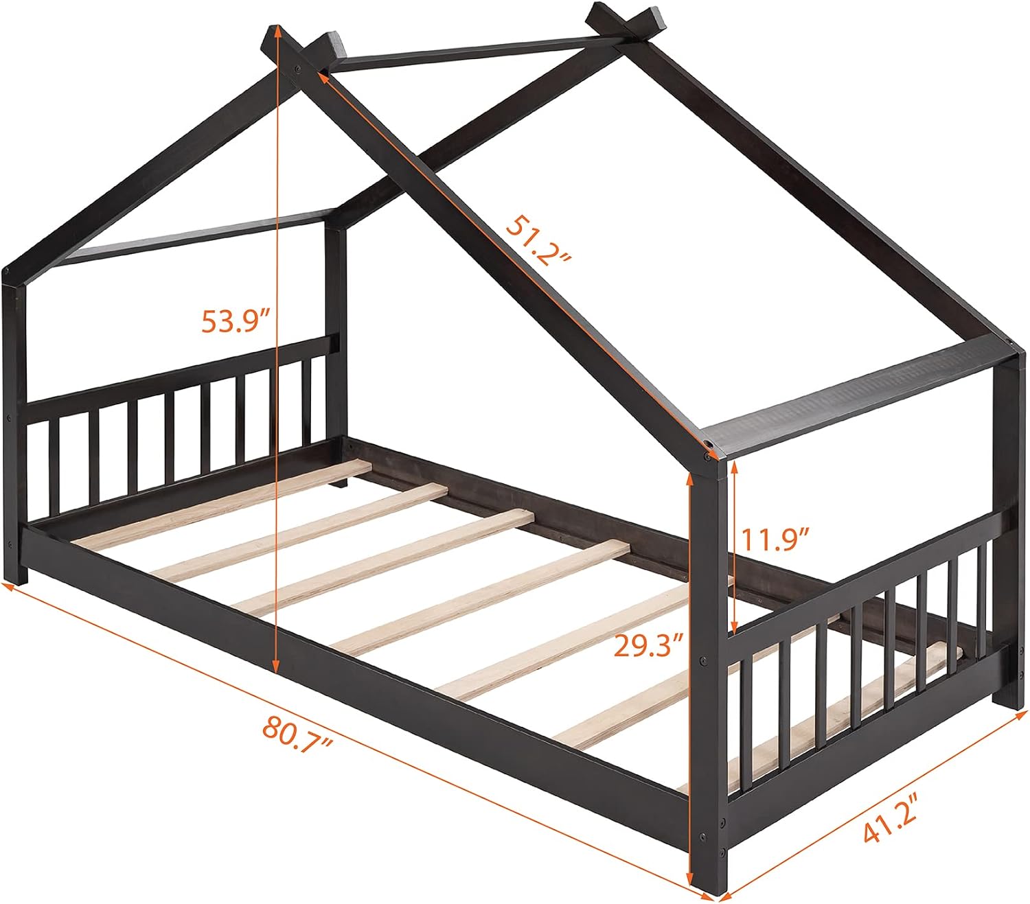 JIVOIT Twin Size Wood House Bed, Solid Wood Tent Bed Canopy Bed Frame with Roof Design, Twin Floor Bed with Wood Slats Support, No Box Spring Needed (Espresso-Twin-Pinewood)