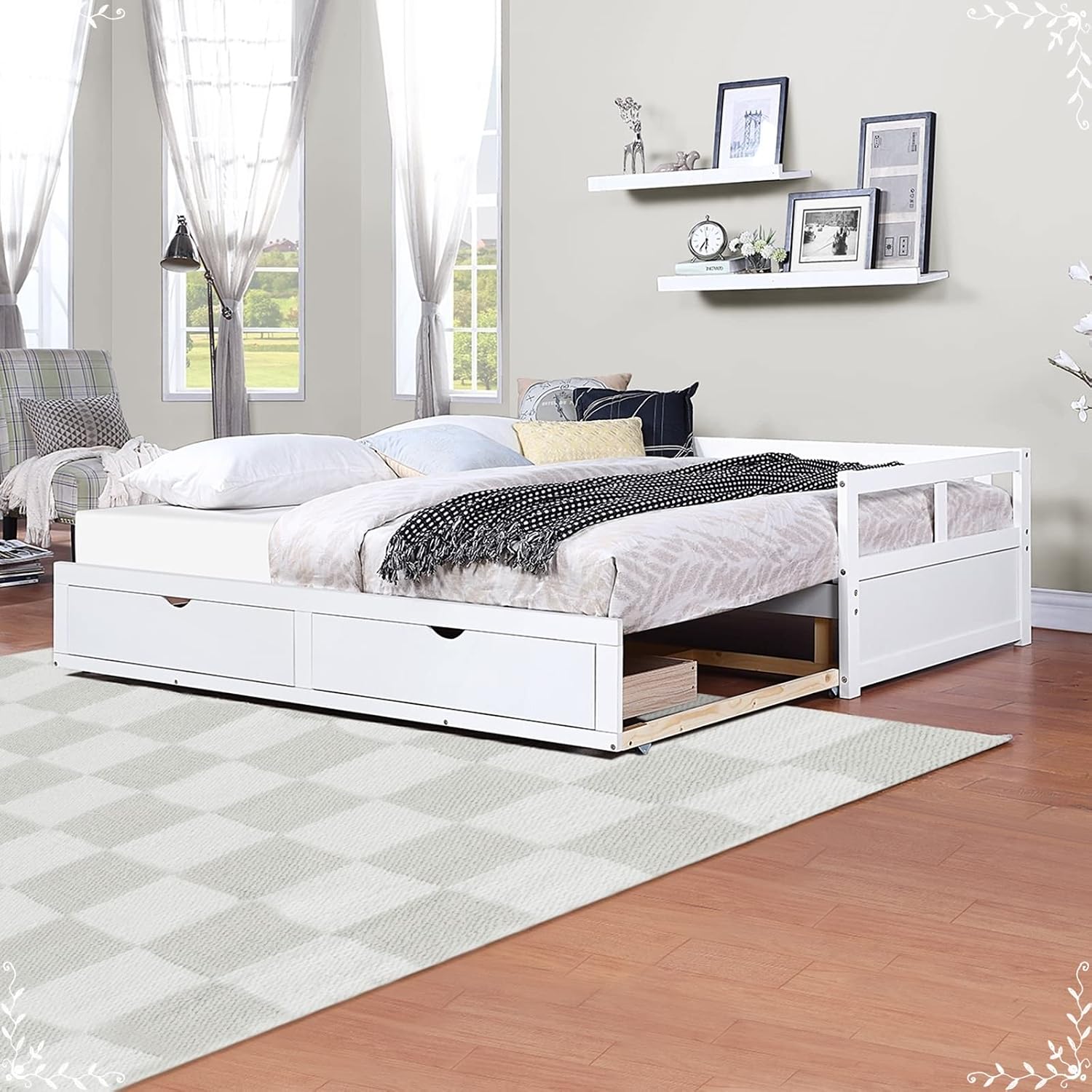 Twin Bed Frame White, Bed Set for Men with 2 Storage Drawers with Solid Wood Slats Daybed for Bedroom Living Room