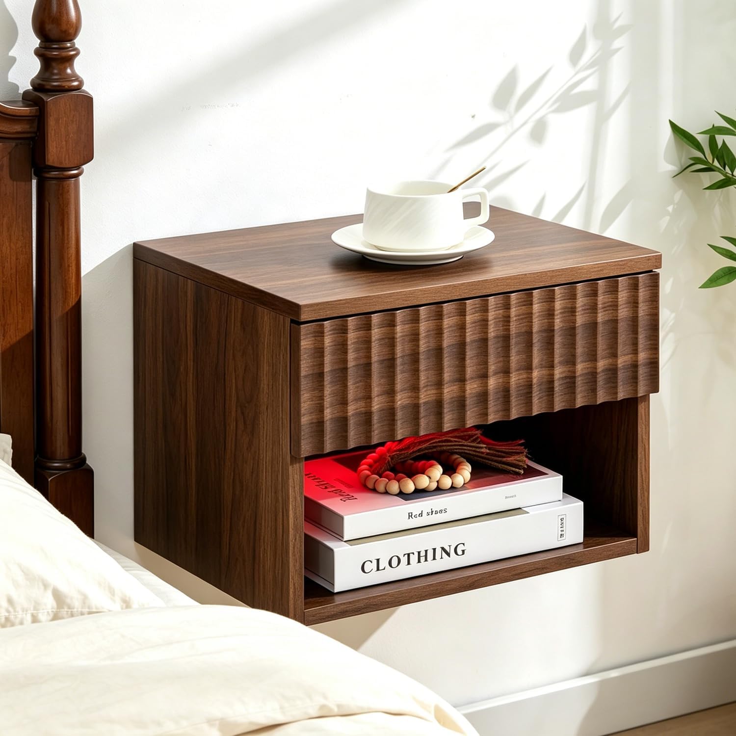 Floating Nightstand Set of 2, Wall Mounted Cabinet with Storage Drawer, Bedroom Bedside Table with LED Light, Modern Night Stand for Dorm Hallway Entryway, Walnut