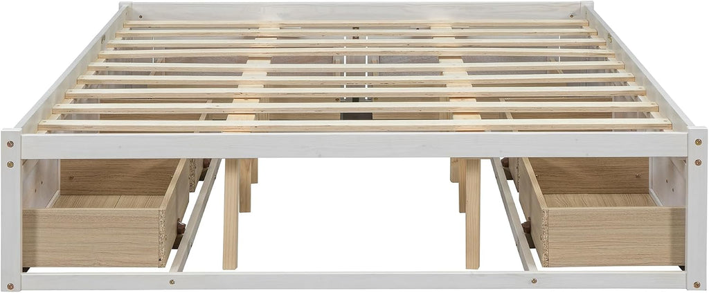 Queen Size Wooden Platform Bed with 6 Storage Drawers, No Box Spring Needed (Antique White, Queen)