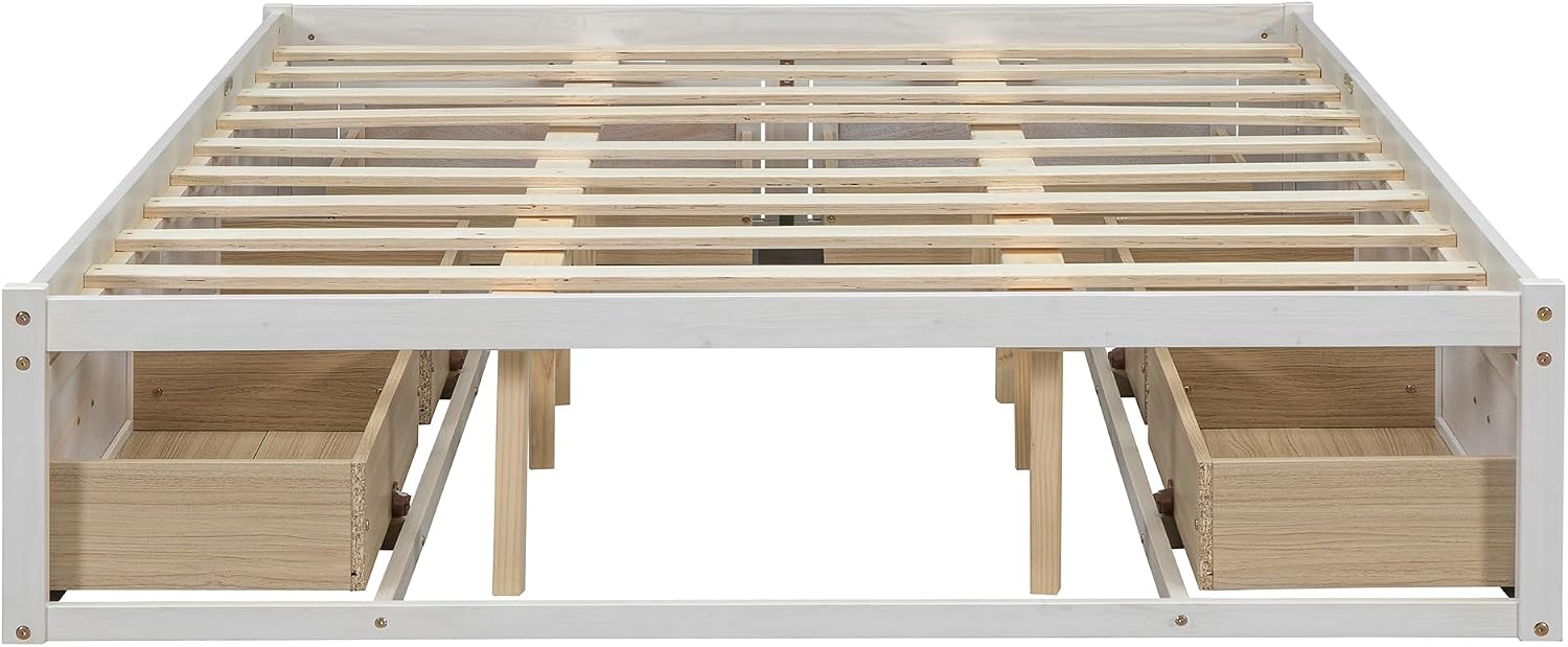 Queen Size Wooden Platform Bed with 6 Storage Drawers, No Box Spring Needed (Antique White, Queen)