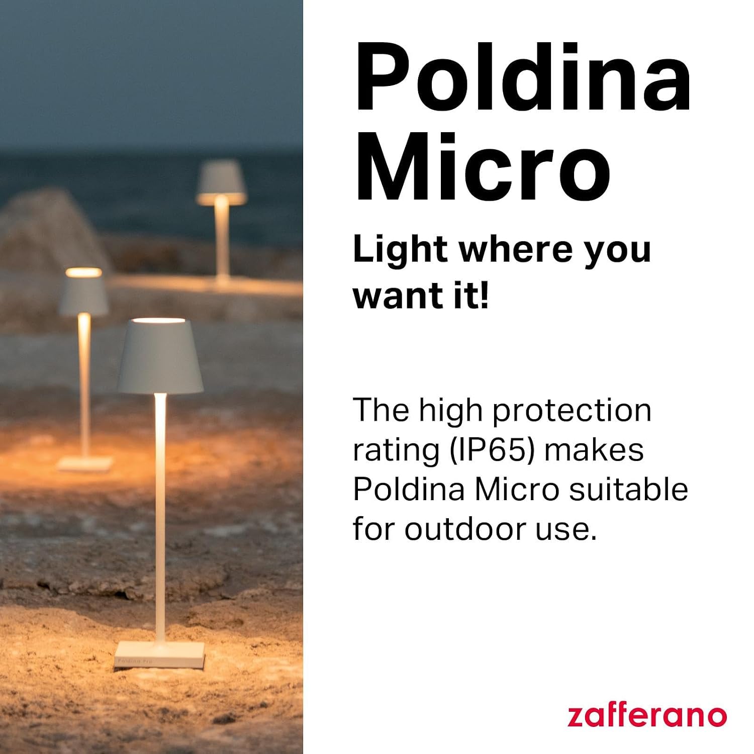 Zafferano, Poldina Micro Lamp, Rechargeable Cordless Table Lamp with Touch Controls, Suitable for Indoor and Outdoor, Dimmer, 2200-3000 K, Height 10.8 Inches, Sand Color