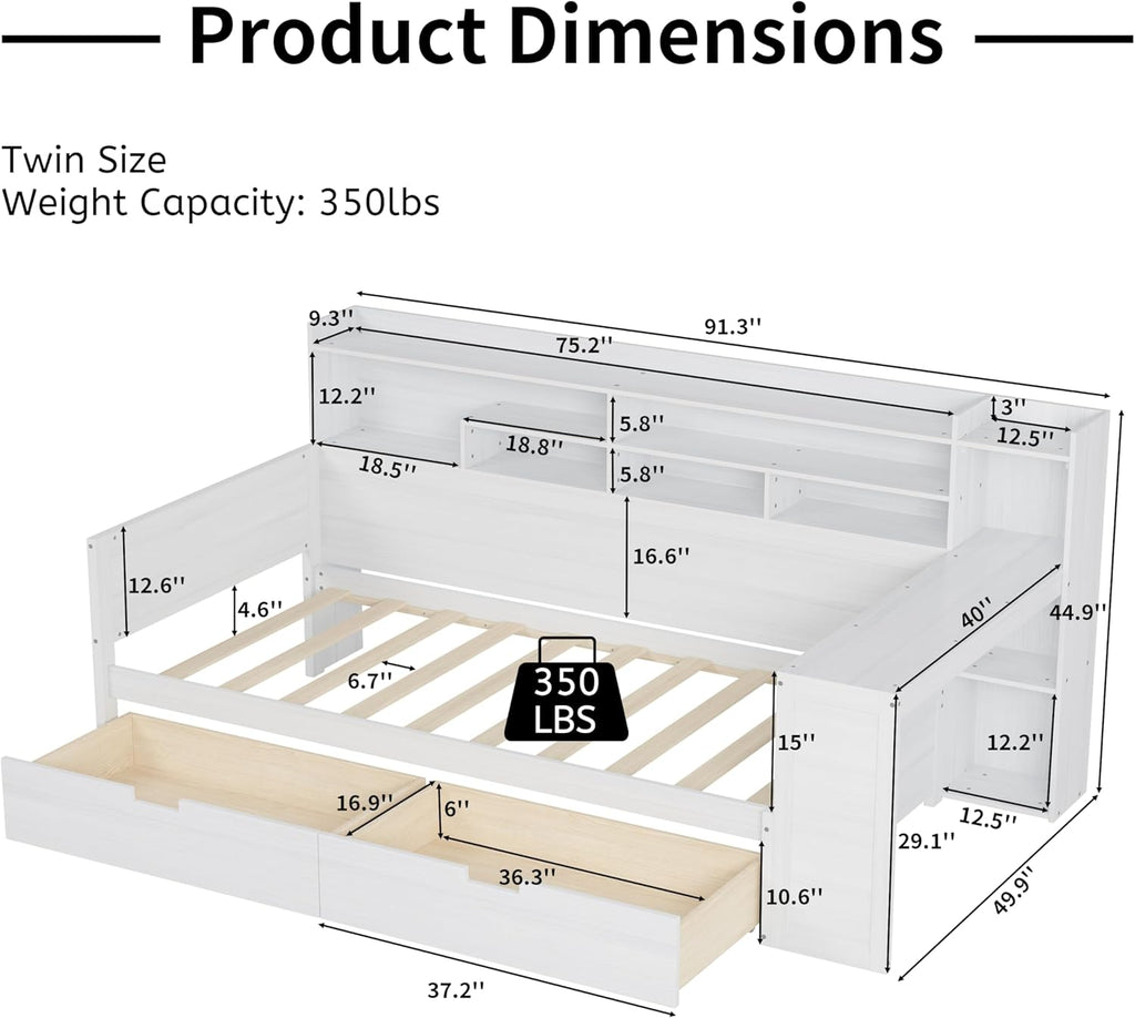 Mirightone Corner Twin Bed Frame with Bookcase Storage and Desk, Wood Day Beds with 2 Drawers, Twin Size Daybed with Storage for Living Room,Bedroom & Guest Room, White