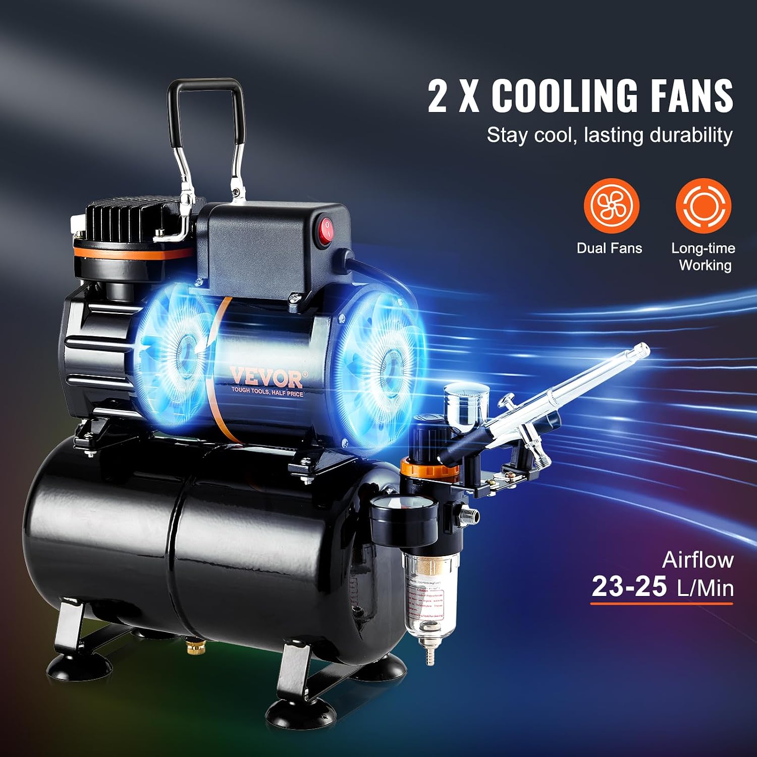 VEVOR Airbrush Kit, Air Brush Set Kit with 3.5L Air Storage Tank, Dual Fan Air Tank Compressor System with 0.3 mm Tip Airbrush, Holder, Color Mixing Wheel, Cleaning Brush Set, Art Nail Cookie Tattoo