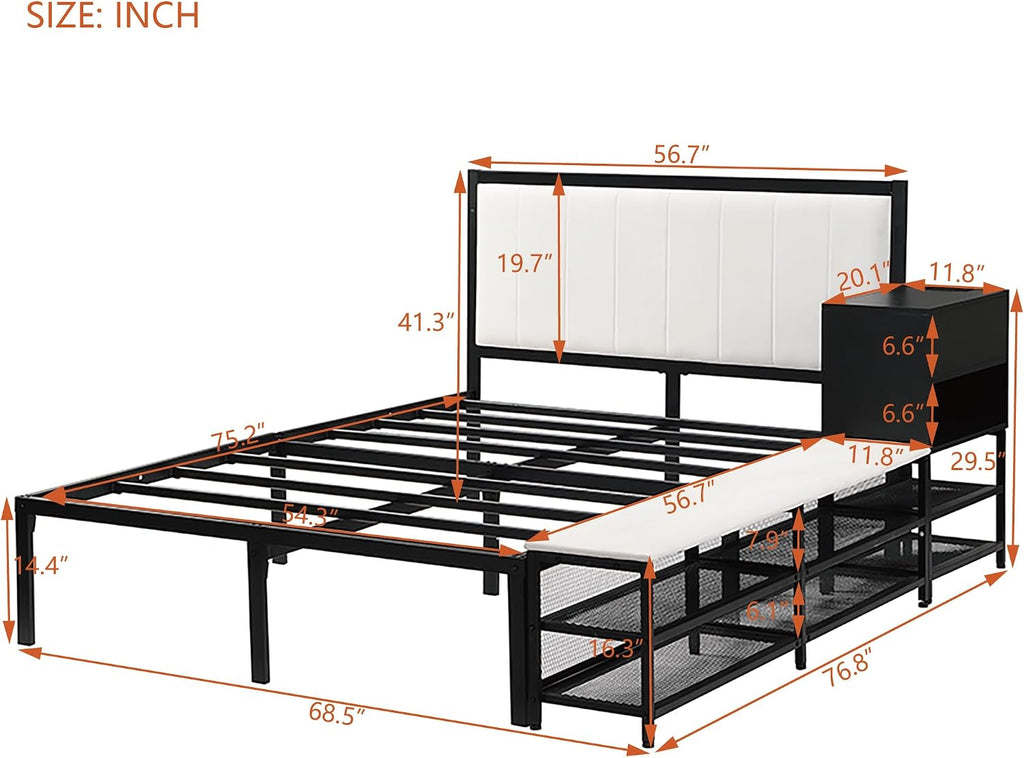 JIVOIT Full Size Bed Frame, Metal Platform Bed with Two-Tier Storage Shelves, Wooden Storage Cabinet, Upholstered Headboard, Cushioned Footrest at Bed's End, No Box Spring Needed (Black/Full,223)