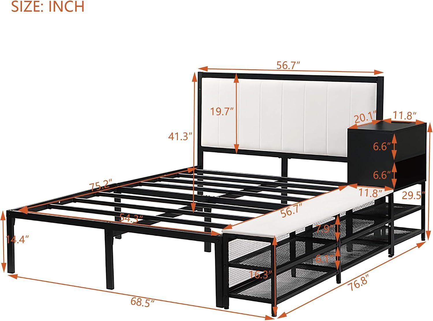 JIVOIT Full Size Bed Frame, Metal Platform Bed with Two-Tier Storage Shelves, Wooden Storage Cabinet, Upholstered Headboard, Cushioned Footrest at Bed's End, No Box Spring Needed (Black/Full,223)