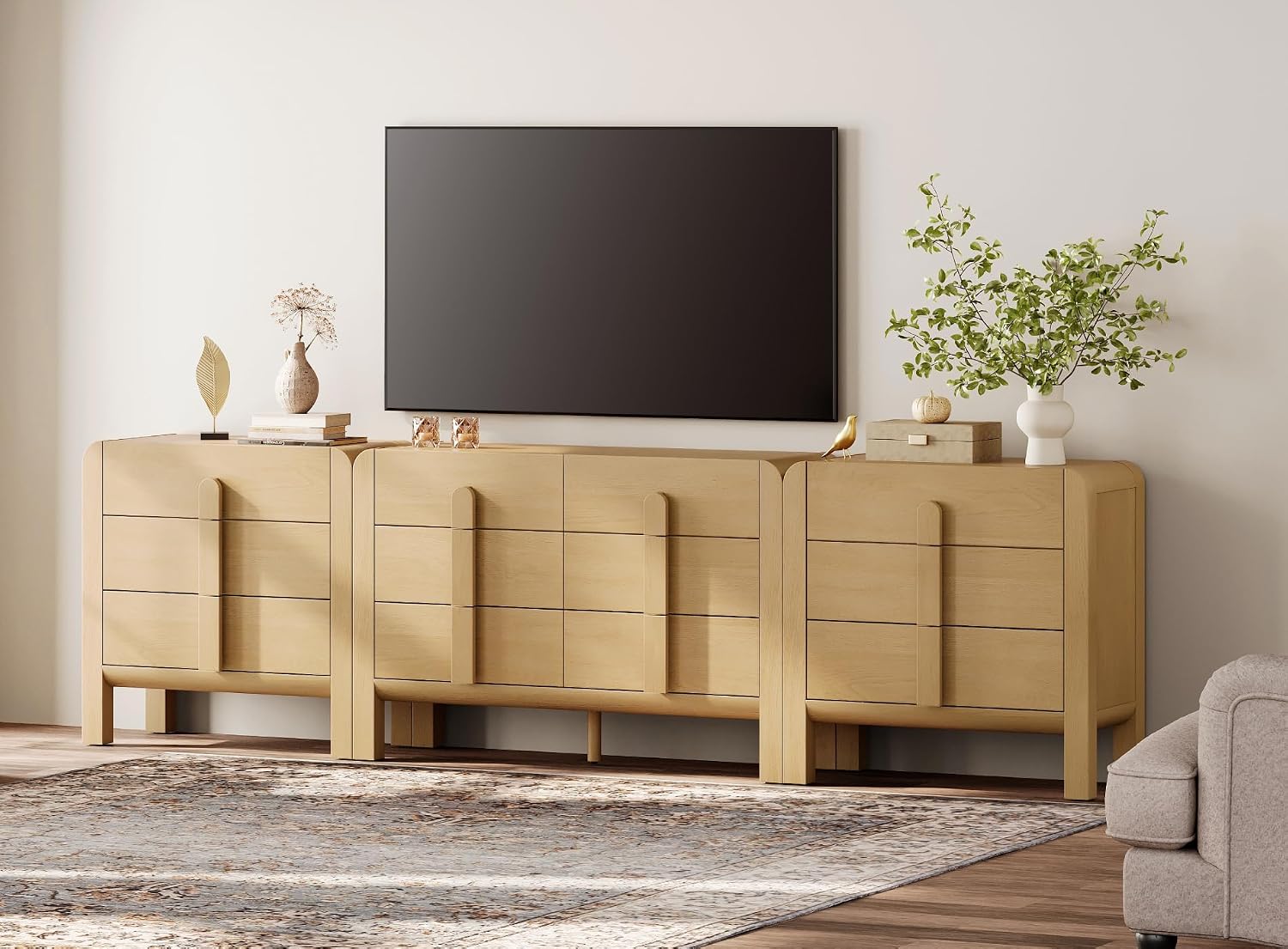 WAMPAT 3 Piece Bedroom Dresser Set, 110.2' Wide Mid Century Modern Chest of Drawers with Curved Handles, Dresser TV Stand with 12 Drawers, Wood Drawer Organizer for Bedroom, Oak