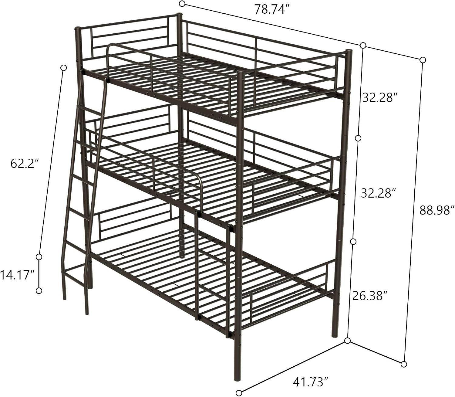 GOWE Bedroom Dormitory Twin Size Black Metal Triple bunk Bed can be Disassembled into Three beds