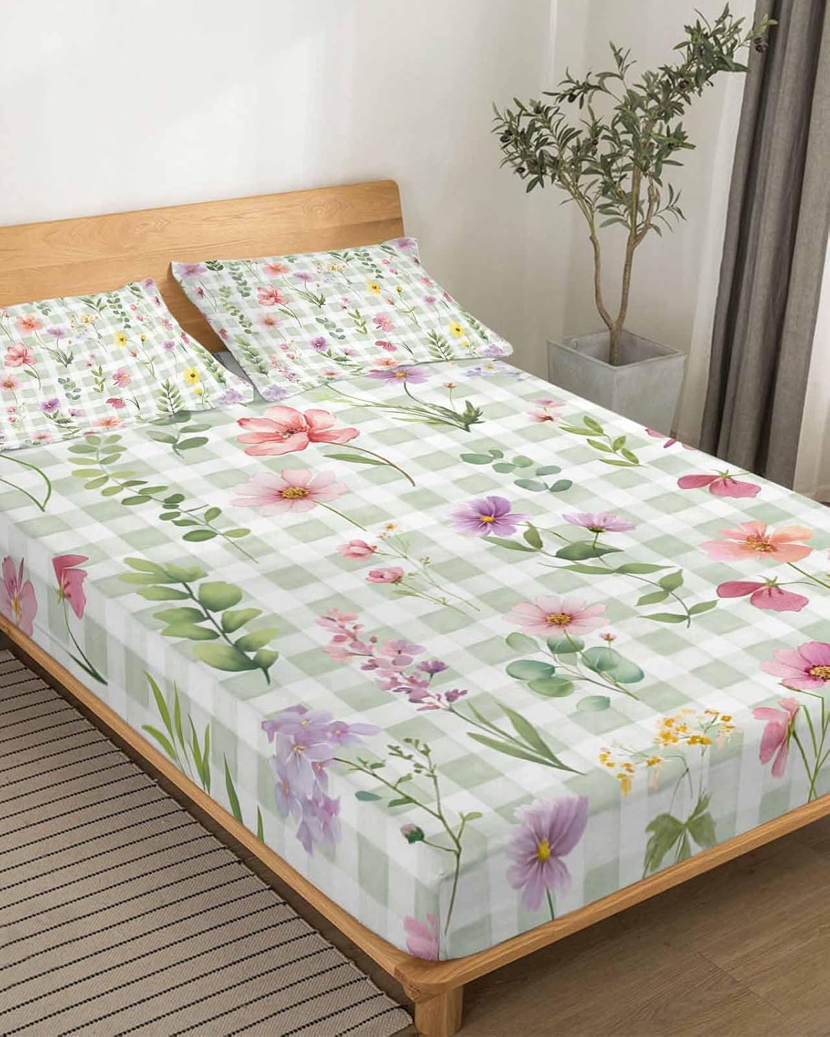 Spring Floral Cal King Sheet Set 4 Piece Bedding - Pink Flowers Green Plaid Pastoral Breathable Comfy Cooling Bed Sheets & Pillowcase Sets, Hotel Luxury Flat Sheets Deep Pockets Fitted Sheet