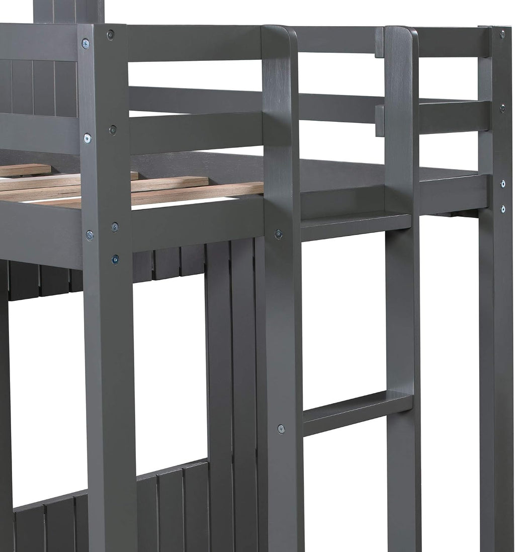 KLMM Twin Over Full Bunk Beds for Kids Toddlers, Wooden Play Farm House Bunk Bed with Roof Window Guardrail Ladder, for Girls Boys, No Spring Box Required (Gray-BUNK Bed-Twin-Full-4)