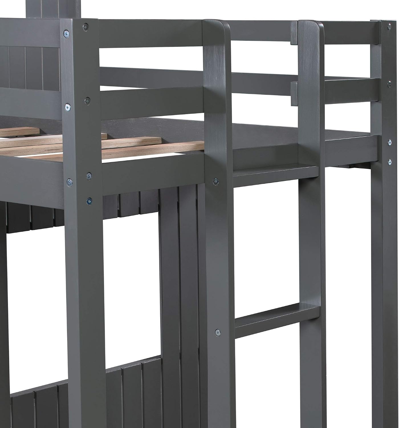 KLMM Twin Over Full Bunk Beds for Kids Toddlers, Wooden Play Farm House Bunk Bed with Roof Window Guardrail Ladder, for Girls Boys, No Spring Box Required (Gray-BUNK Bed-Twin-Full-4)