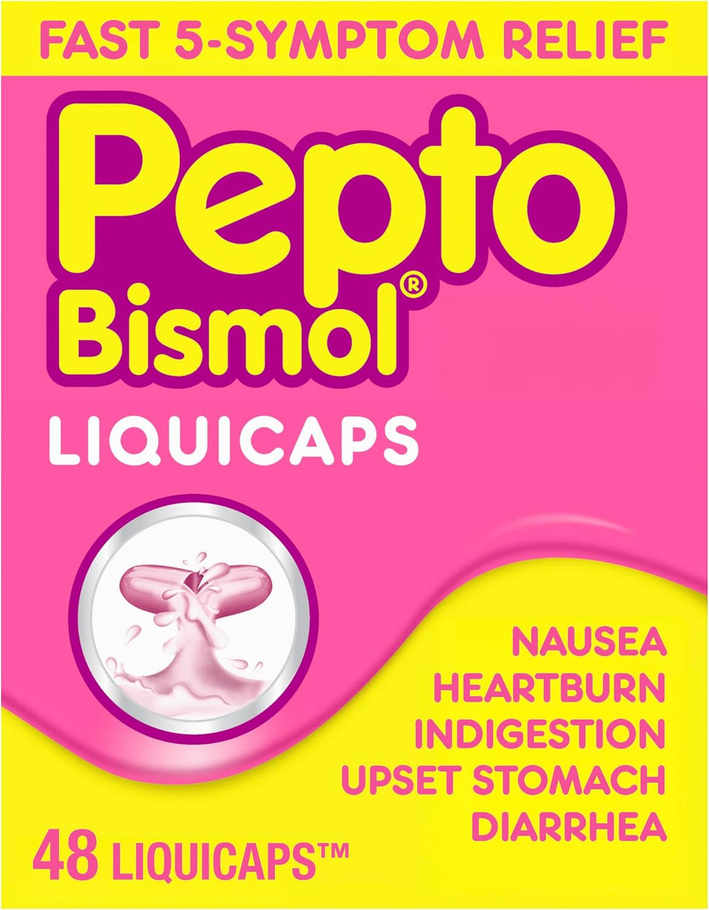 Pepto Bismol Liquicaps, Upset Stomach Relief, Nausea Relief, Heartburn Relief, Indigestion Relief, Anti Diarrhea Medication for Adults - 5 Symptom Fast Relief, No Flavor, 48 ct (Pack of 12)