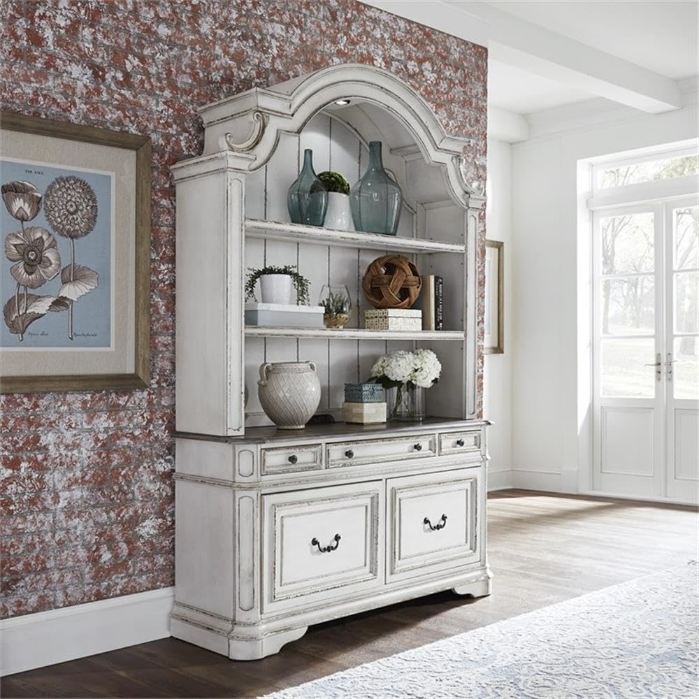 Liberty Furniture Magnolia Manor 3 Piece Desk, Credenza & Hutch Set for Home Office - Antique White & Weathered Bark