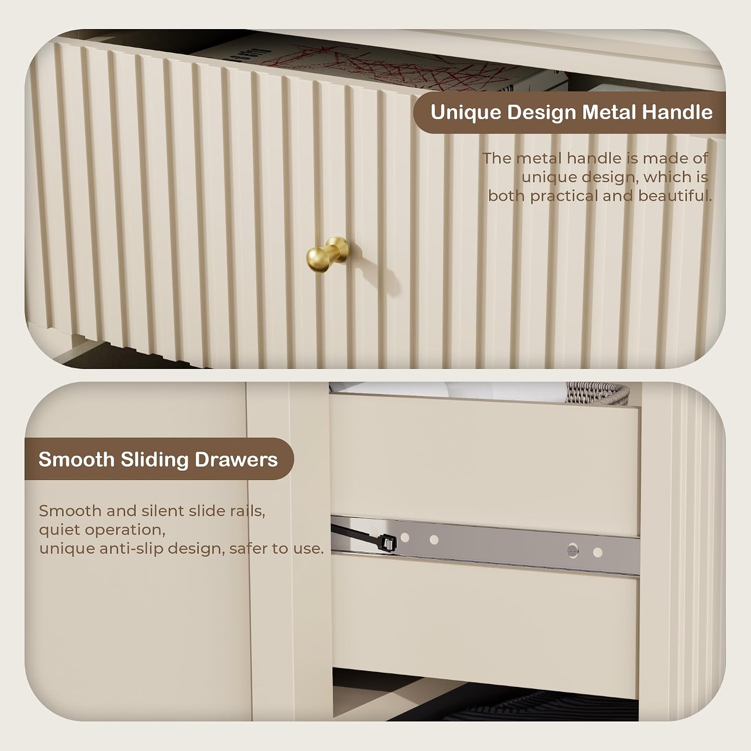 Beige Dresser for Bedroom, 6 Drawers Fluted Chest of Drawers with Storage, Modern 47'' Wide Dresser with Paint Design, Wood Drawer Organizer Dressers for Entryway, Hallway