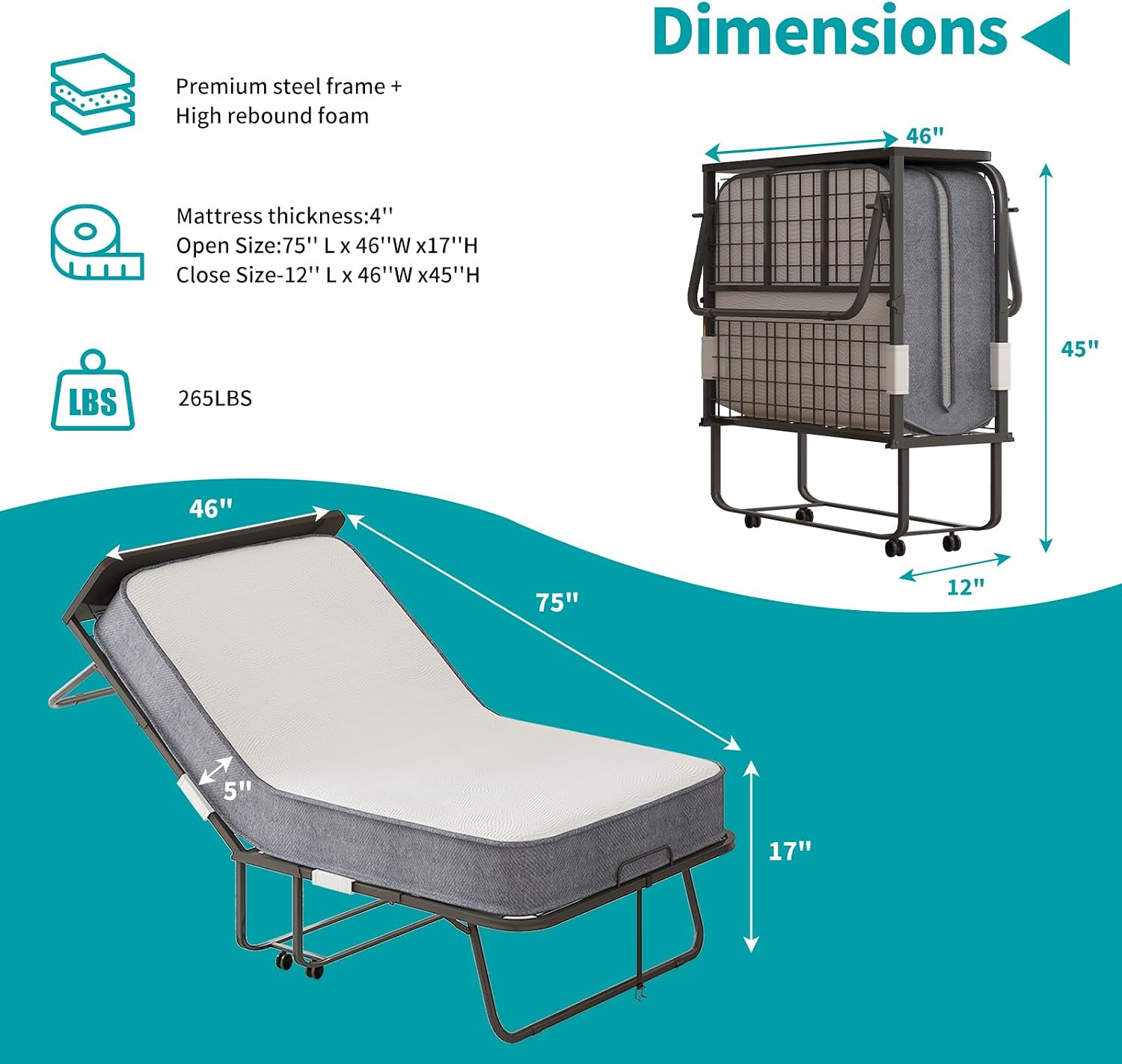 BALUS Rollaway Bed with Mattress for Adults, 75' x 46' Fold Up Bed with Headborad & Dustproof Bag, Space Saving Rollaway Beds for Guests, Foldable Sturdy Metal Frame for Bedroom/Apartment（Upgrade）