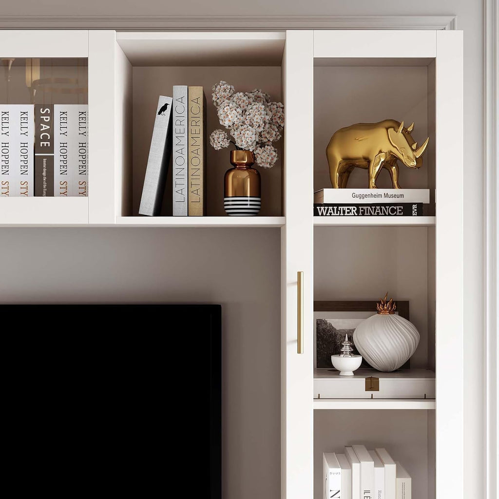 Entertainment Wall Unit, 4-Piece Large TV Stand Wall Unit Entertainment Center with Bookshelves & Storage, Wall Media Center with Shelves for TVs Up to 70', Media Console for Living Room, White.