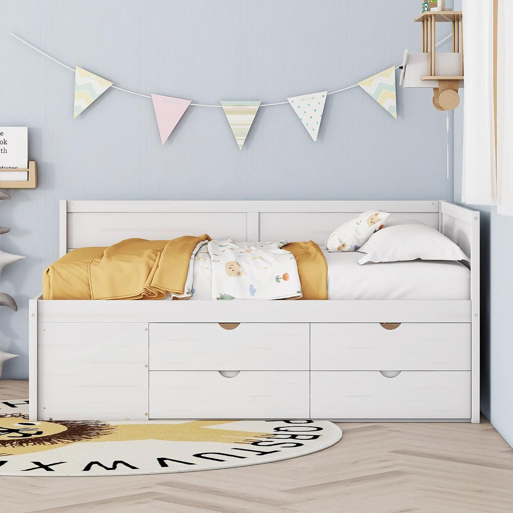 Full Size Daybed with 4 Pull-Out Drawers and 3 Functioning Shelves,Solid Wood Day Bed Frame with Wooden Slats Support for Bedroom,No Box Spring Required (White-AB41)