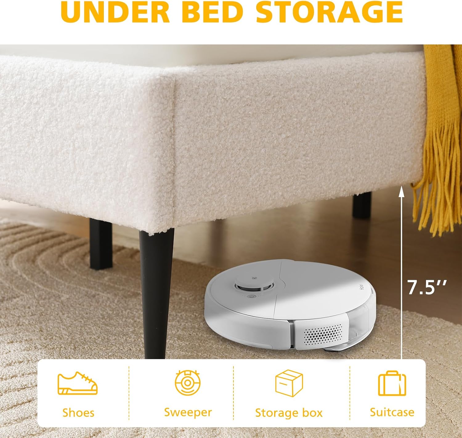 VELOCAVA Twin Size White Boucle Bed with Seashell Headboard, Upholstered Platform Girls Bed with Soft Rounded Corners, Wooden Slats Support, No Box Spring Needed, Easy Assembly