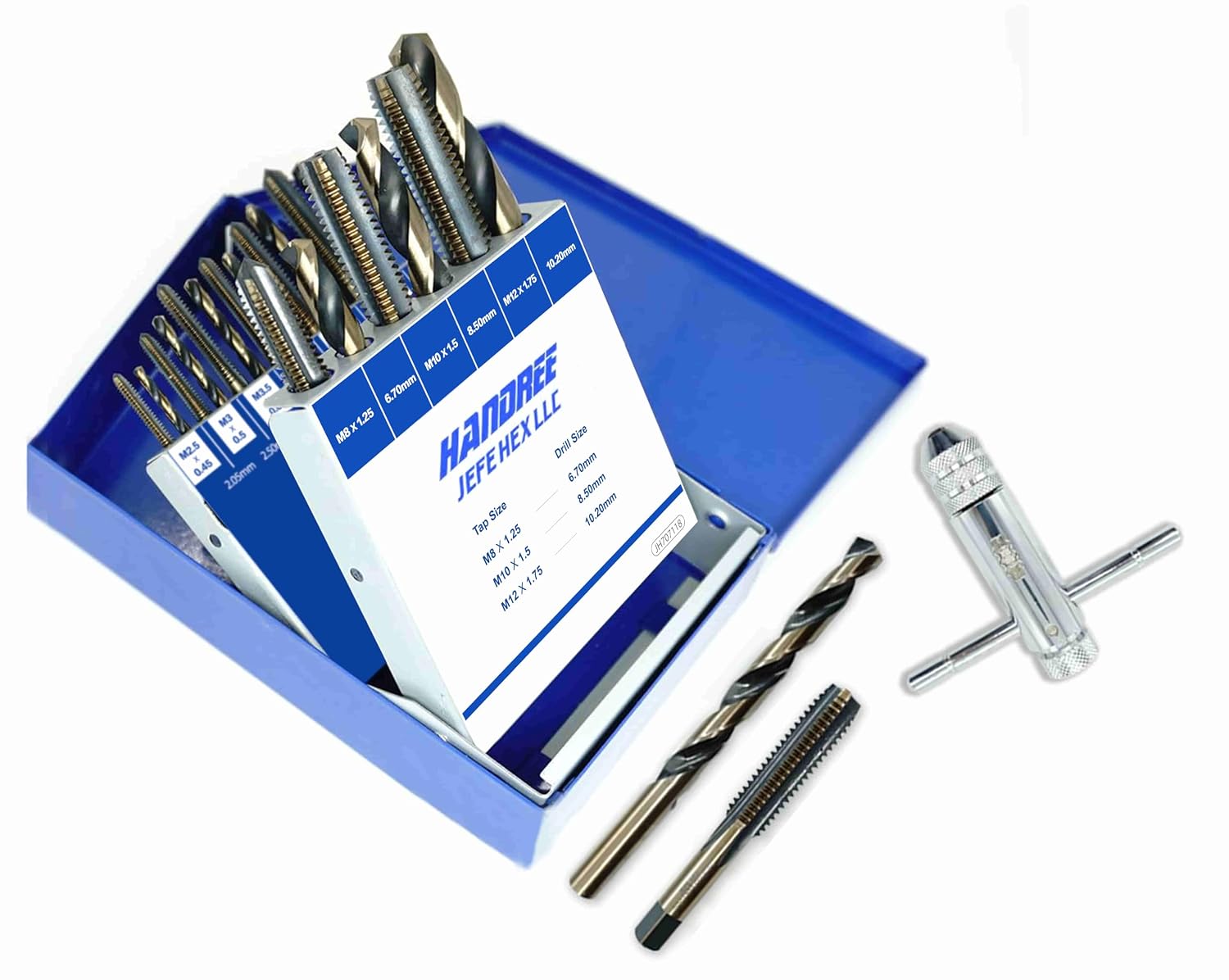 JEFE HEX 18pcs Metric Drill and Tap Set with 1 Piece T-Handle Ratchet Tap Wrench, Tap Range M2.5 * 0.45—M12*1.75, Black and Gold Premium HSS Jobber Length Drill Bits and Hand Plug Taps with Metal Box