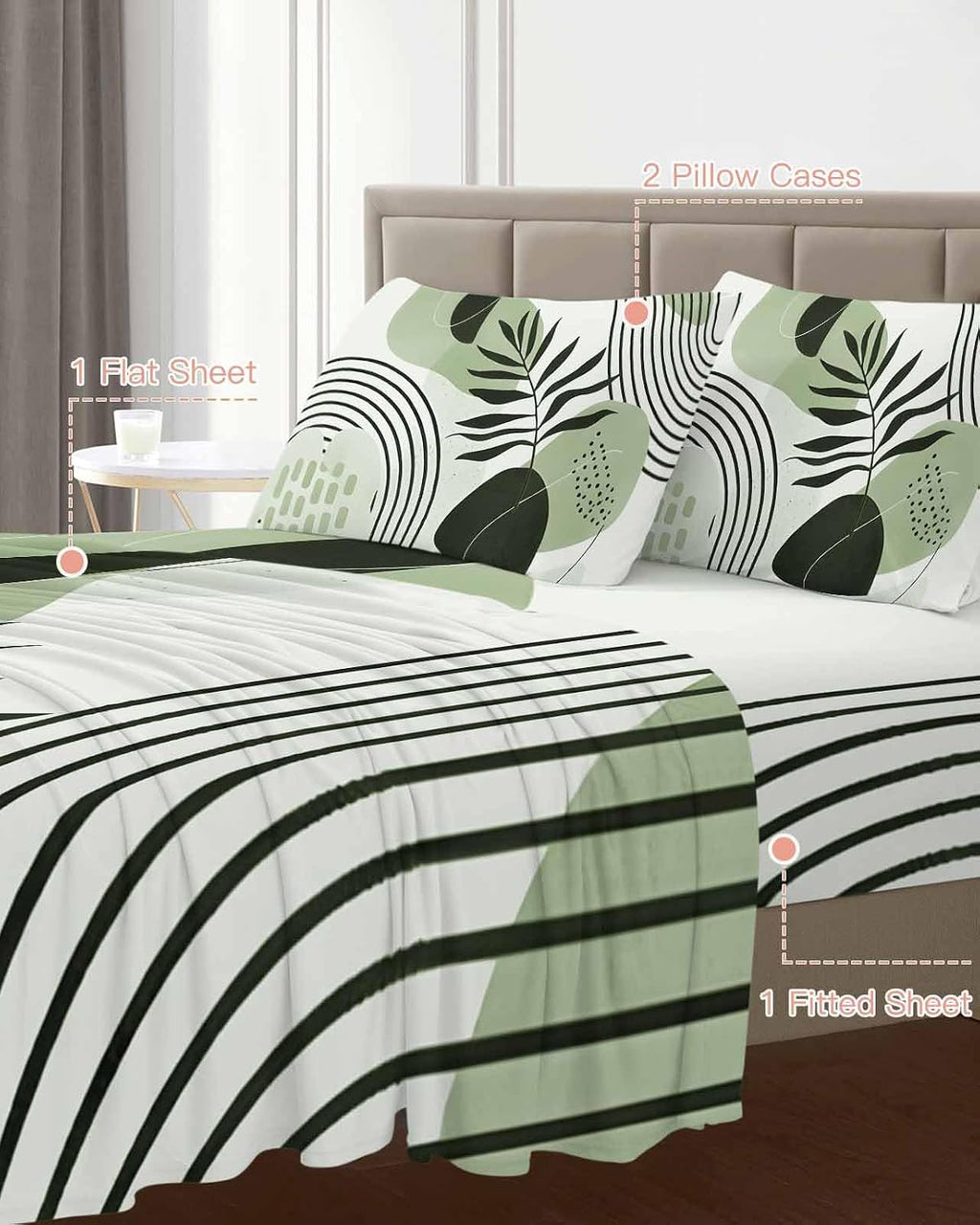 Boho Geometric Cal King Sheet Set 4 Piece Bedding - Farmhouse Green Abstract Stripes Leaves Breathable Comfy Cooling Bed Sheets & Pillowcase Sets, Hotel Luxury Flat Sheets Deep Pockets Fitted Sheet