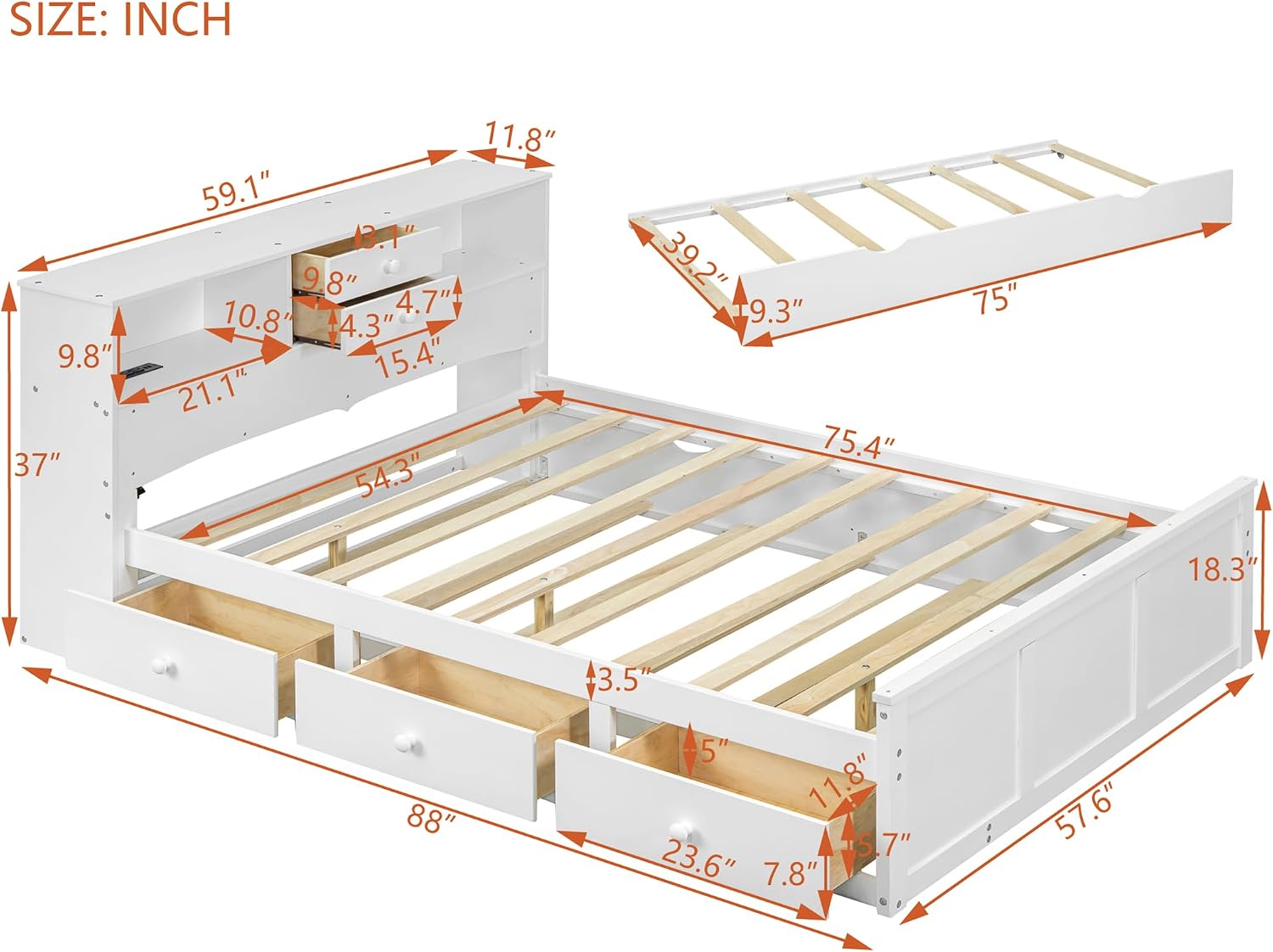 Full Size Wooden Platform Bed Frame with 3 Drawers, Upper Shelves, Twin Size Trundle and a set of USB Ports & Sockets, No Box Spring Needed, Easy to Assemble, Bedroom Furniture, Noise-Free, White
