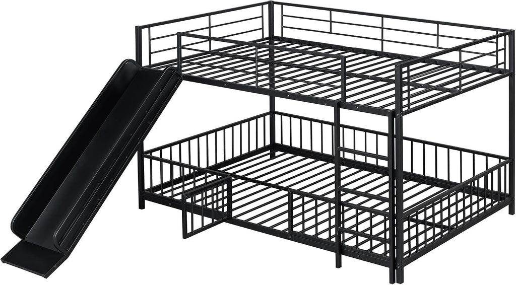 JIVOIT Metal Bunk Bed Frame with Slide and Ladder, Full Over Full Bunk Bed Size with Metal Slats Support, Full-Length Guardrail, Heavy Duty Metal Low Bunk Bed, No Box Spring Needed (Black,Full,09)