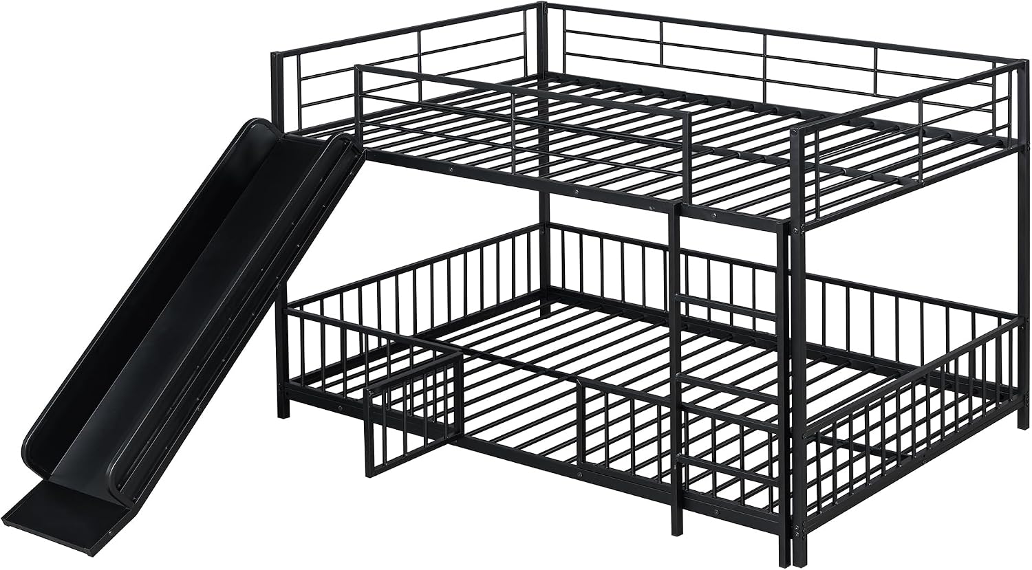 JIVOIT Metal Bunk Bed Frame with Slide and Ladder, Full Over Full Bunk Bed Size with Metal Slats Support, Full-Length Guardrail, Heavy Duty Metal Low Bunk Bed, No Box Spring Needed (Black,Full,09)