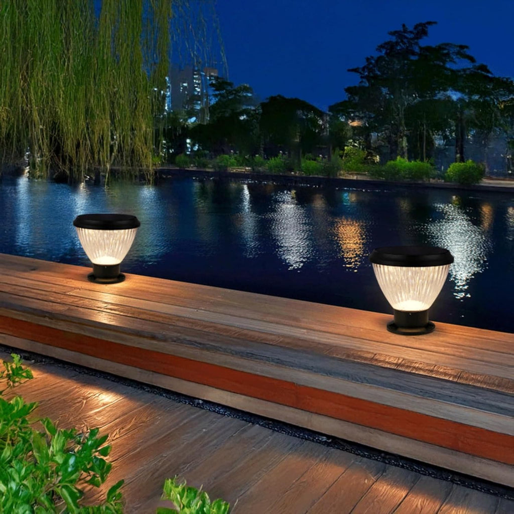 Solar Post Light, IP65 Outdoor Bollard Light, LED Solar Pillar Lamp, Round Column Lantern with Light Control, Aluminum and PC Exterior Garden Lighting Fixture for Yard Pathway Driveway