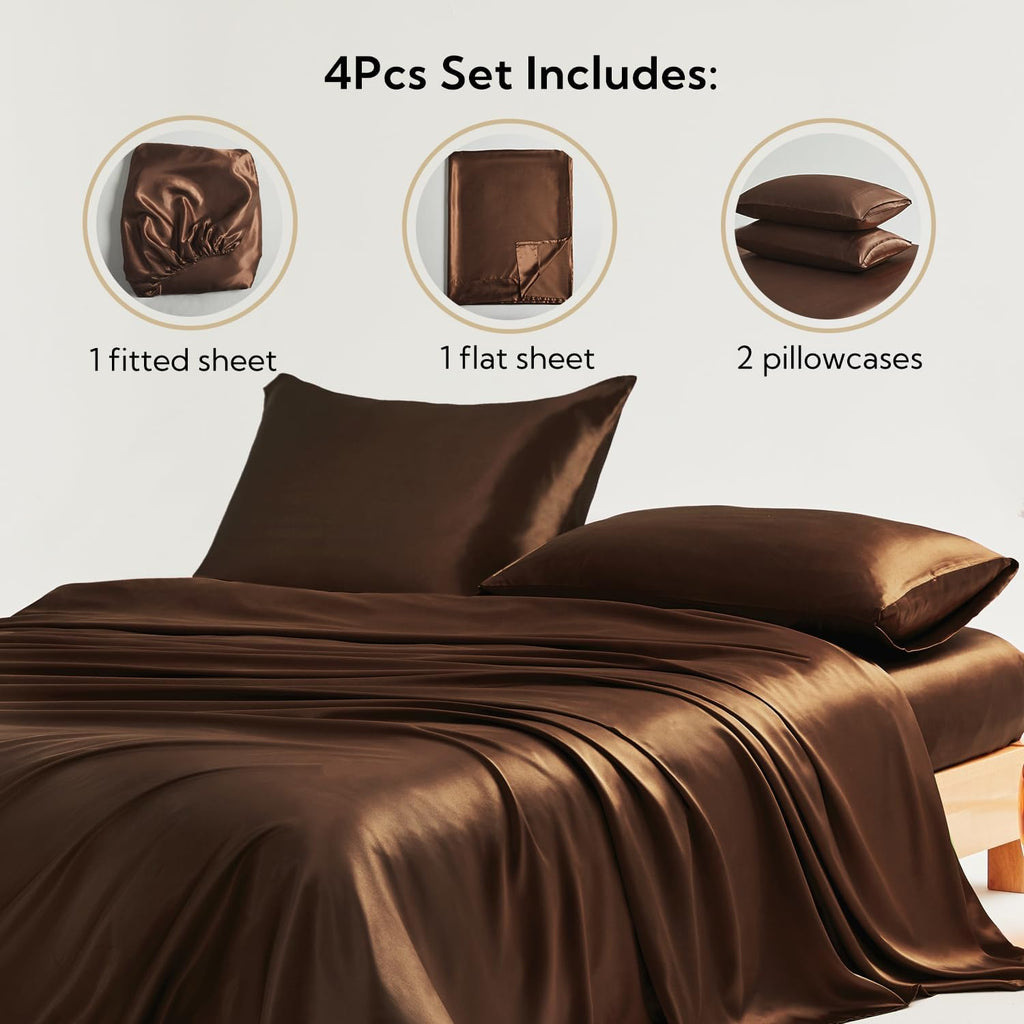 Twin XL Size 4-Piece Sheet Set Premium Mulberry Silk Bed Sheets Set Fits 14-16' Deep Pocket - Luxurious Soft Silk (Solid, Chocolate)
