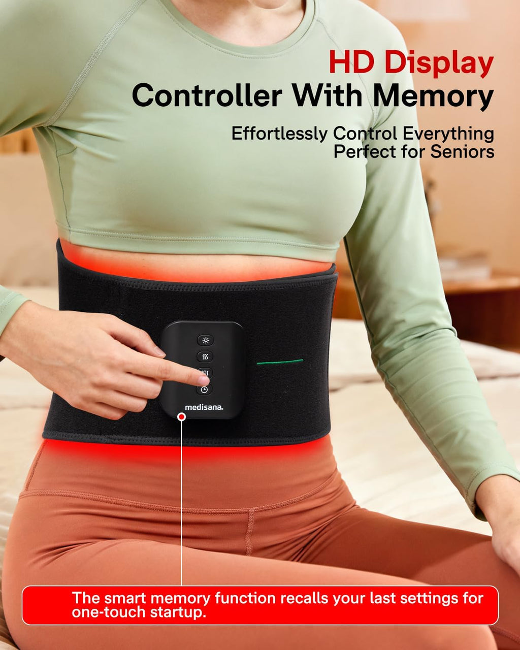 Medisana 3-in-1 Red Light Massager Belt, Heating Pad for Lower Back, Cordless Wearable Near Infrared & Red Light Therapy Belt Back Wrap with Adjustable Heat and Vibration for Lower Back Pain Relief